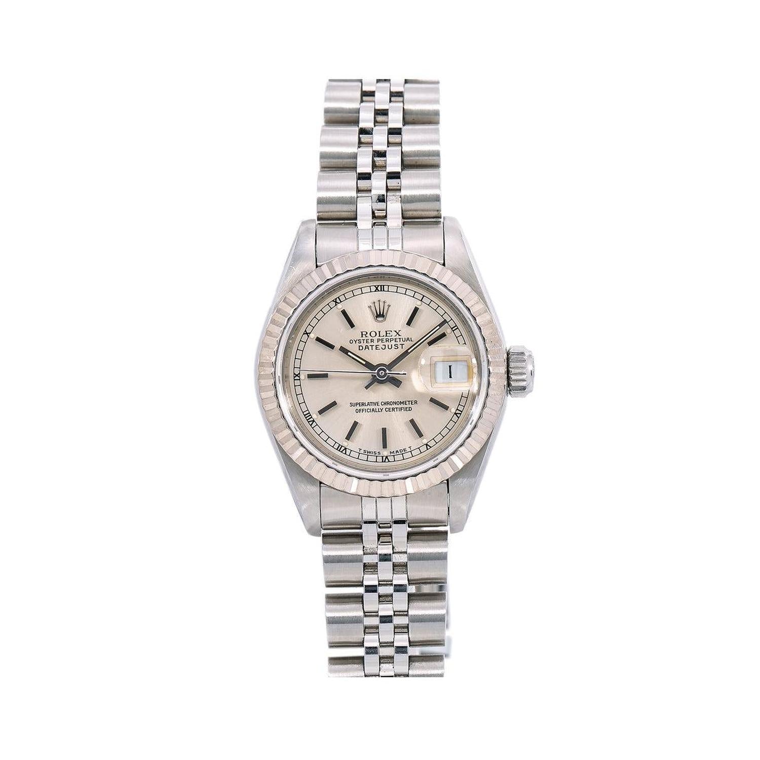 Rolex Datejust 26MM 69174 Silver Dial White Gold Fluted Bezel Stainless Steel Jubilee Bracelet