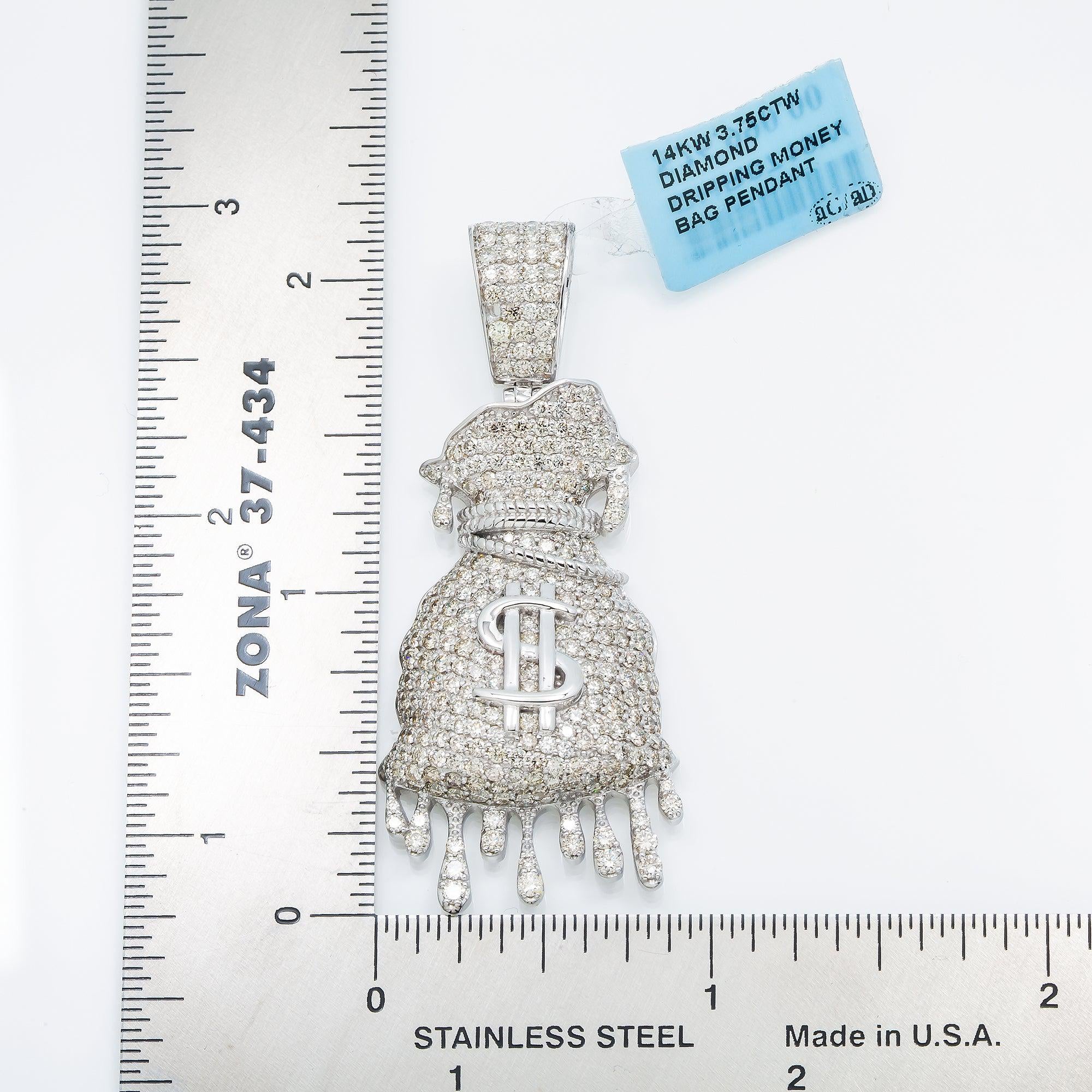 14K GOLD DIAMOND DRIPPING MONEY BAG PENDANT 3.75 CT