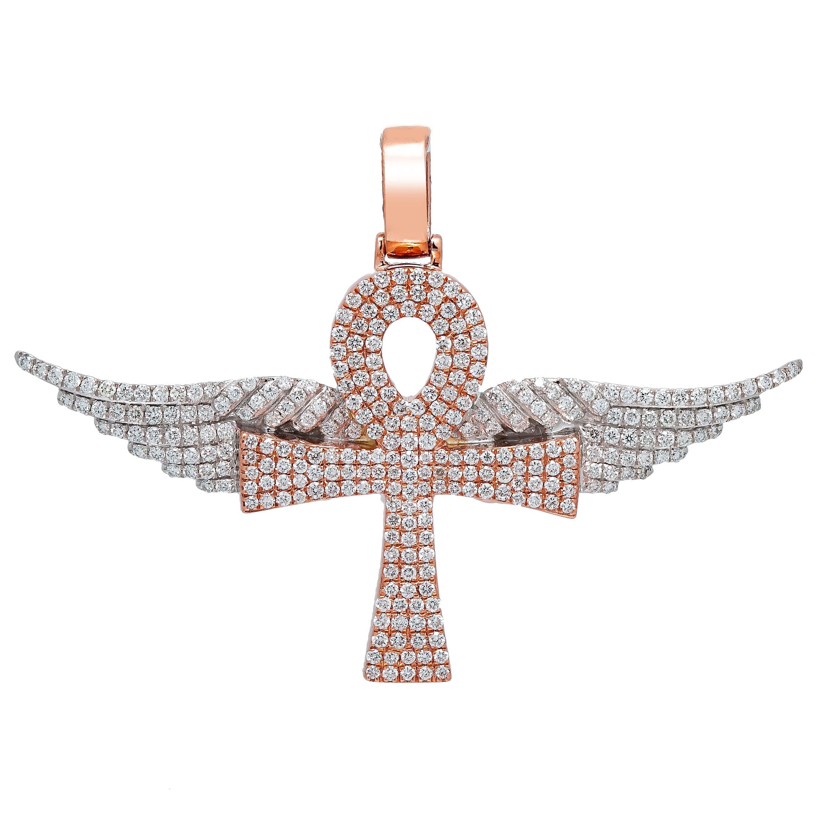14K GOLD TWO-TONE DIAMOND ANKH WITH WINGS PENDANT 2.00 CT