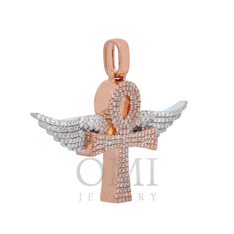 14K GOLD TWO-TONE DIAMOND ANKH WITH WINGS PENDANT 2.00 CT