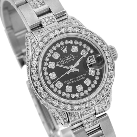Rolex Lady-Datejust Diamond Watch, 6917 26mm, Black Diamond Dial With 3.75 CT Diamonds