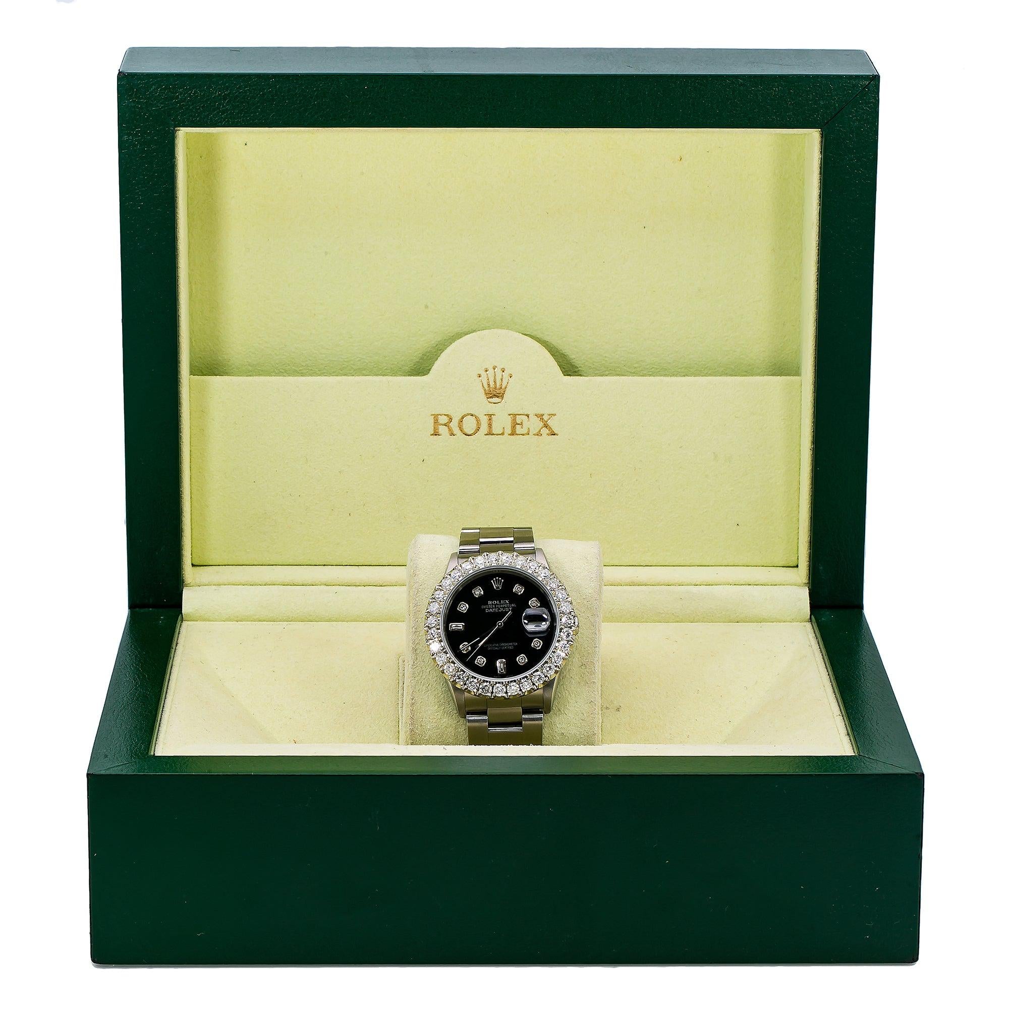 Rolex Datejust 36MM 16200 Black Diamond Dial Diamond Bezel Stainless Steel Oyster Bracelet 4ct