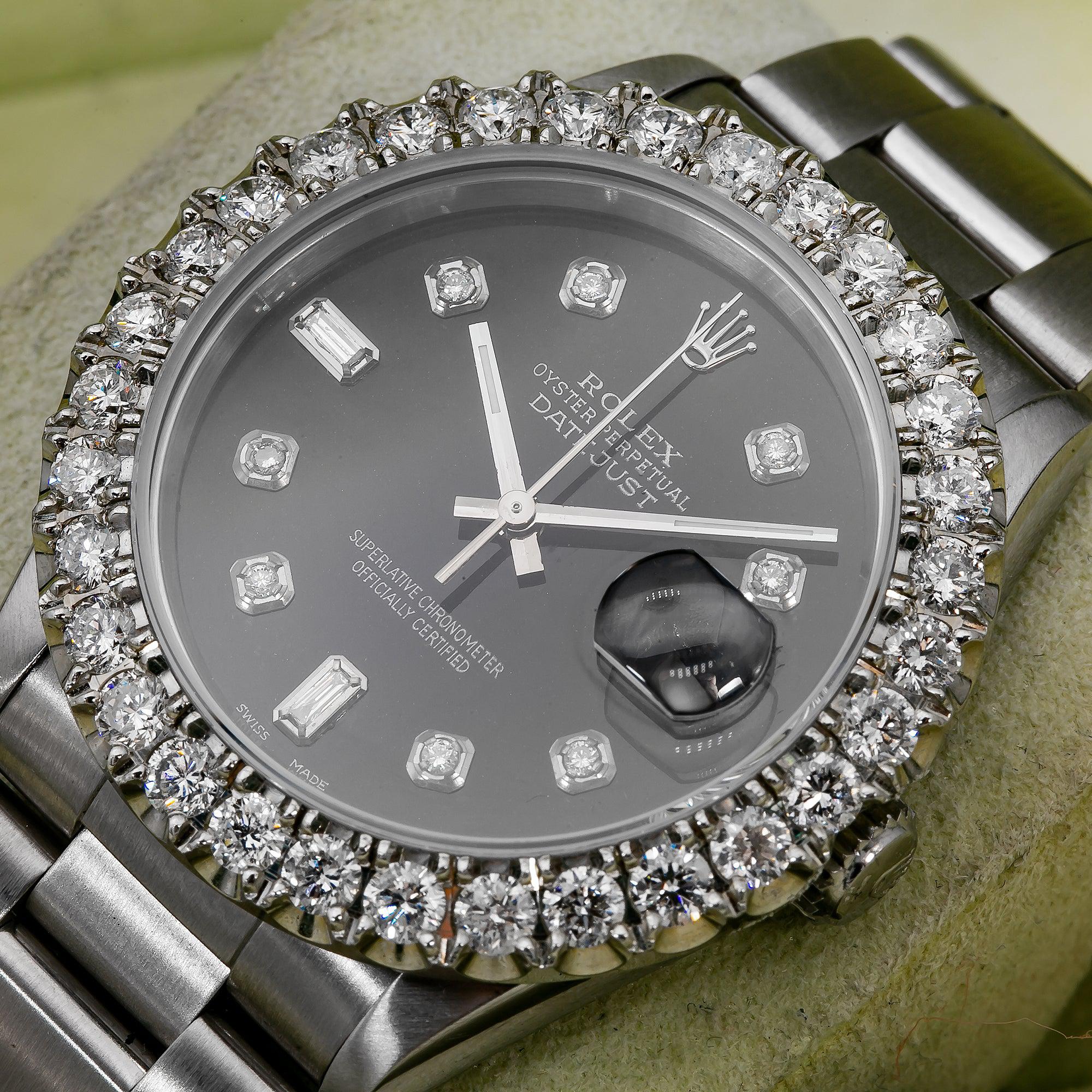 Rolex Datejust 36MM 16200 Black Diamond Dial Diamond Bezel Stainless Steel Oyster Bracelet 4ct