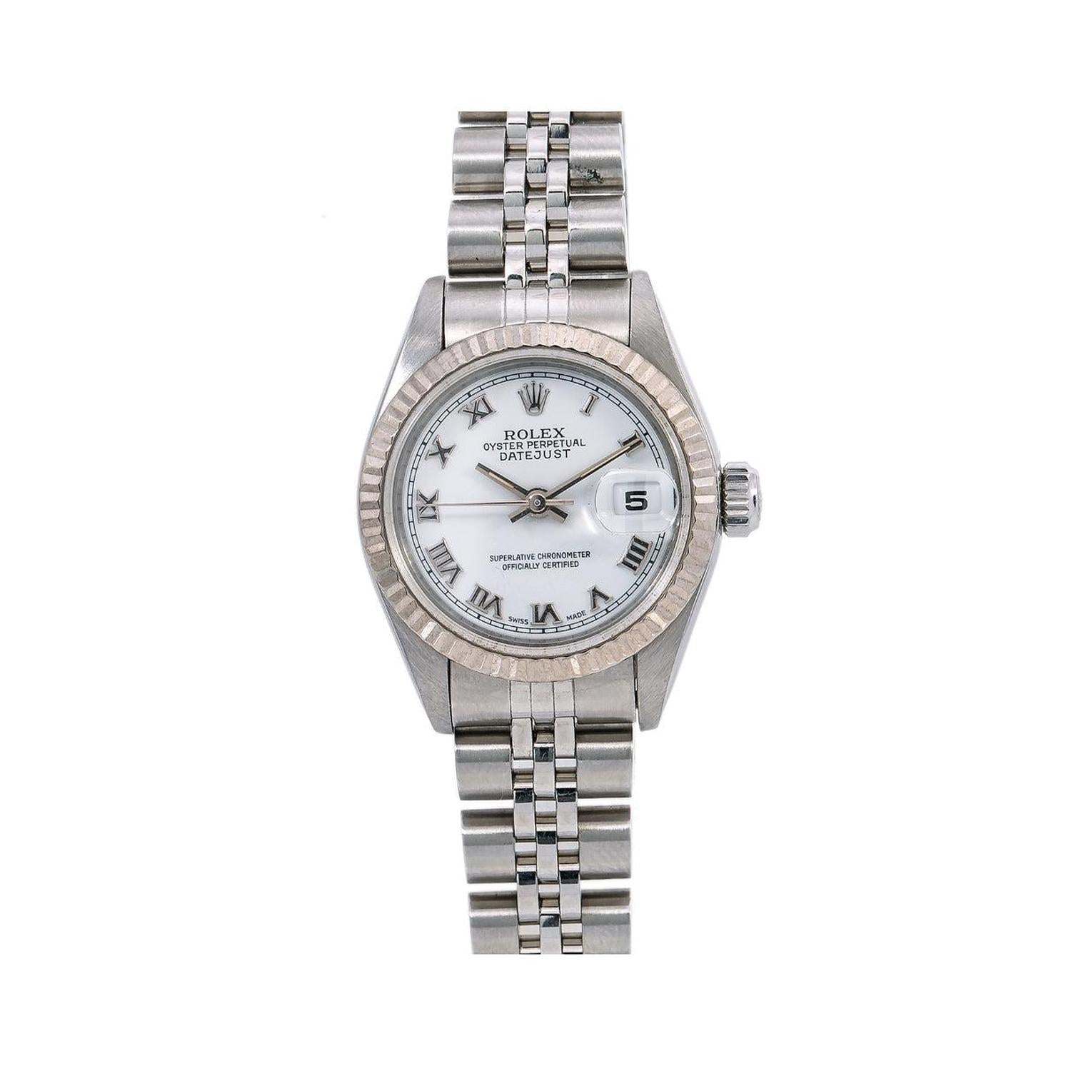 Rolex Datejust 26MM 69174 White Roman Dial White Gold Fluted Bezel Stainless Steel Jubilee Bracelet