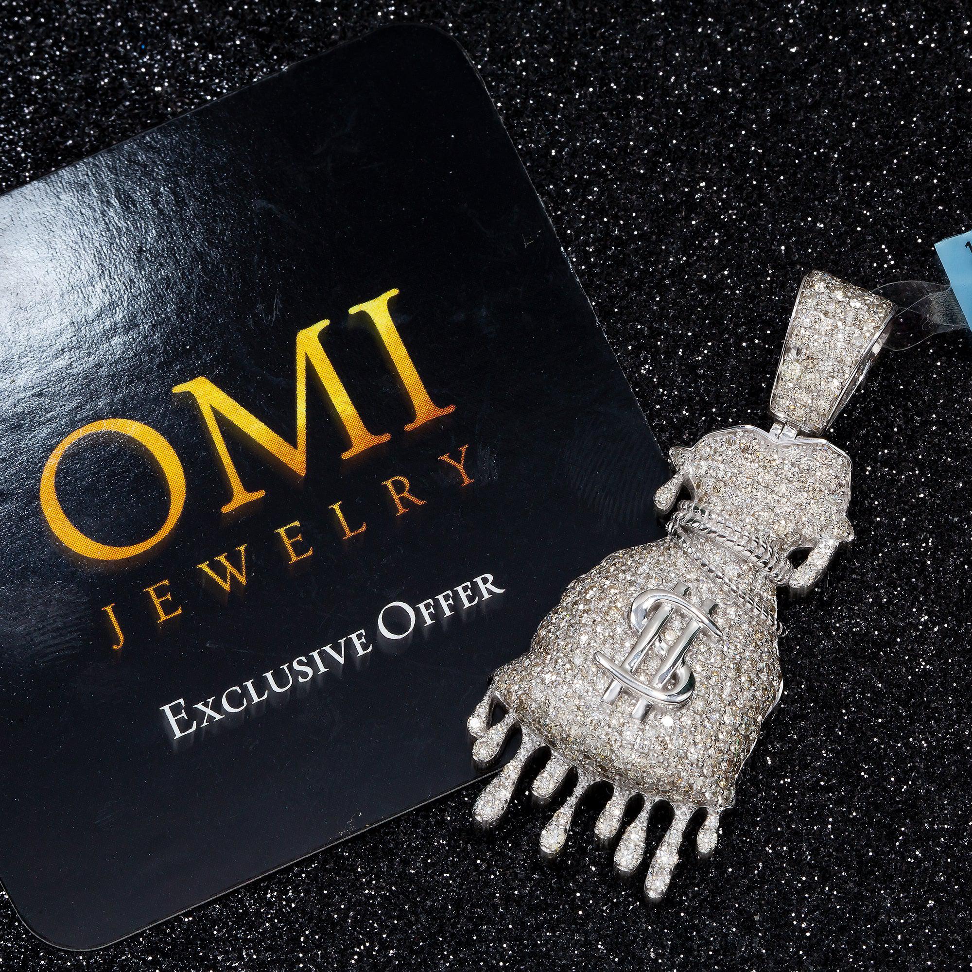 14K GOLD DIAMOND DRIPPING MONEY BAG PENDANT 3.75 CT