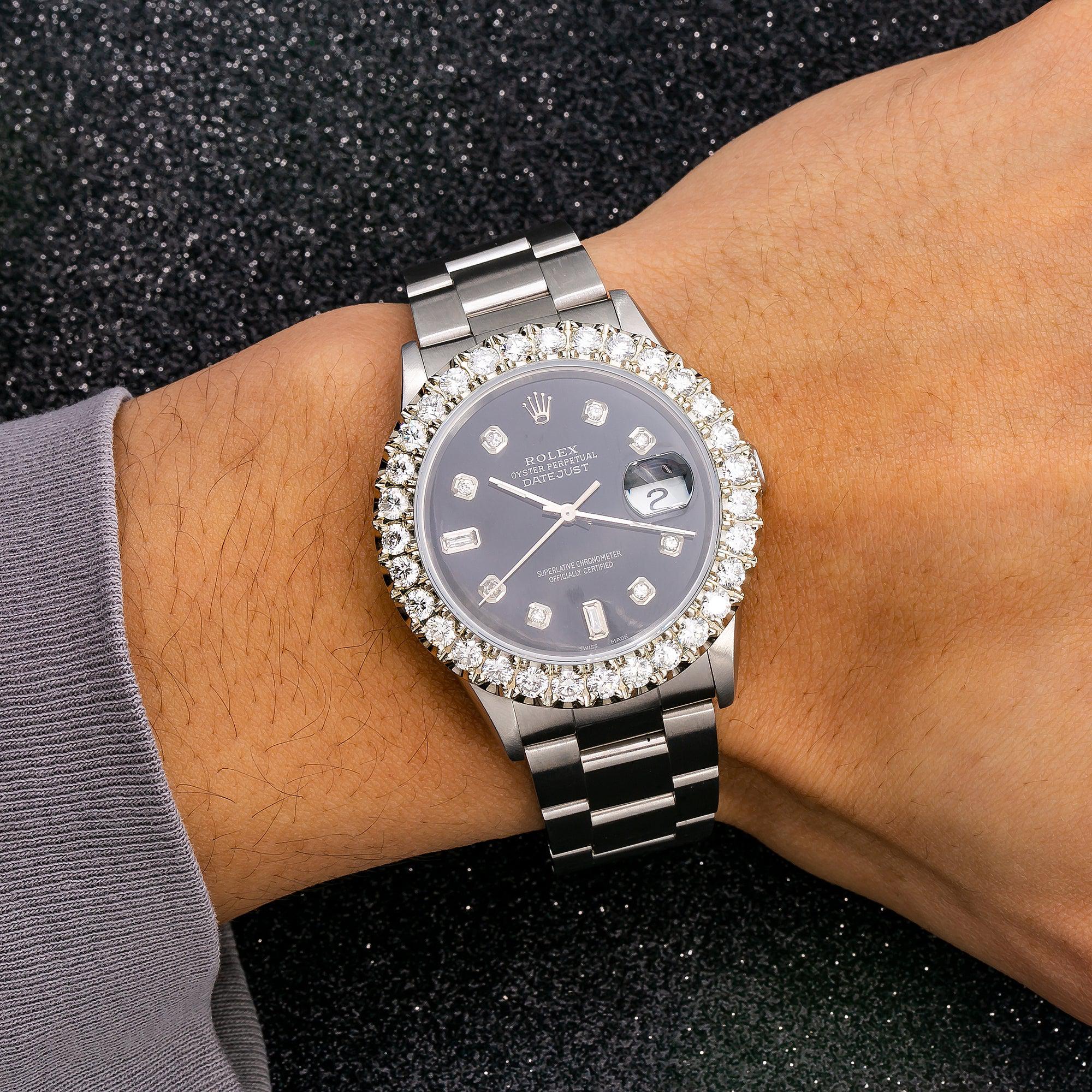 Rolex Datejust 36MM 16200 Black Diamond Dial Diamond Bezel Stainless Steel Oyster Bracelet 4ct