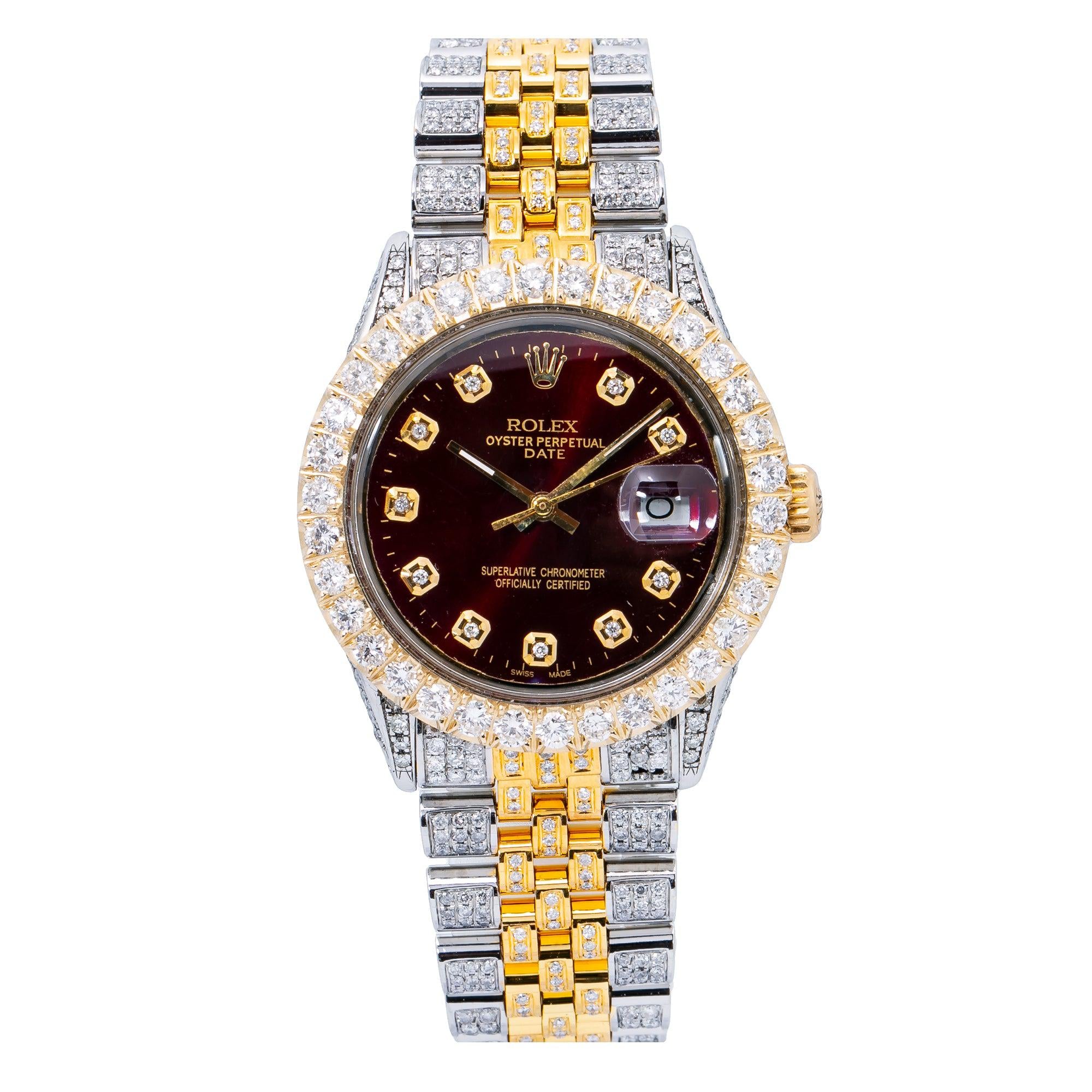 Rolex Datejust 36MM 1601 Burgundy Diamond Dial Diamond Bezel Two Tone Full Diamond Jubilee Bracelet