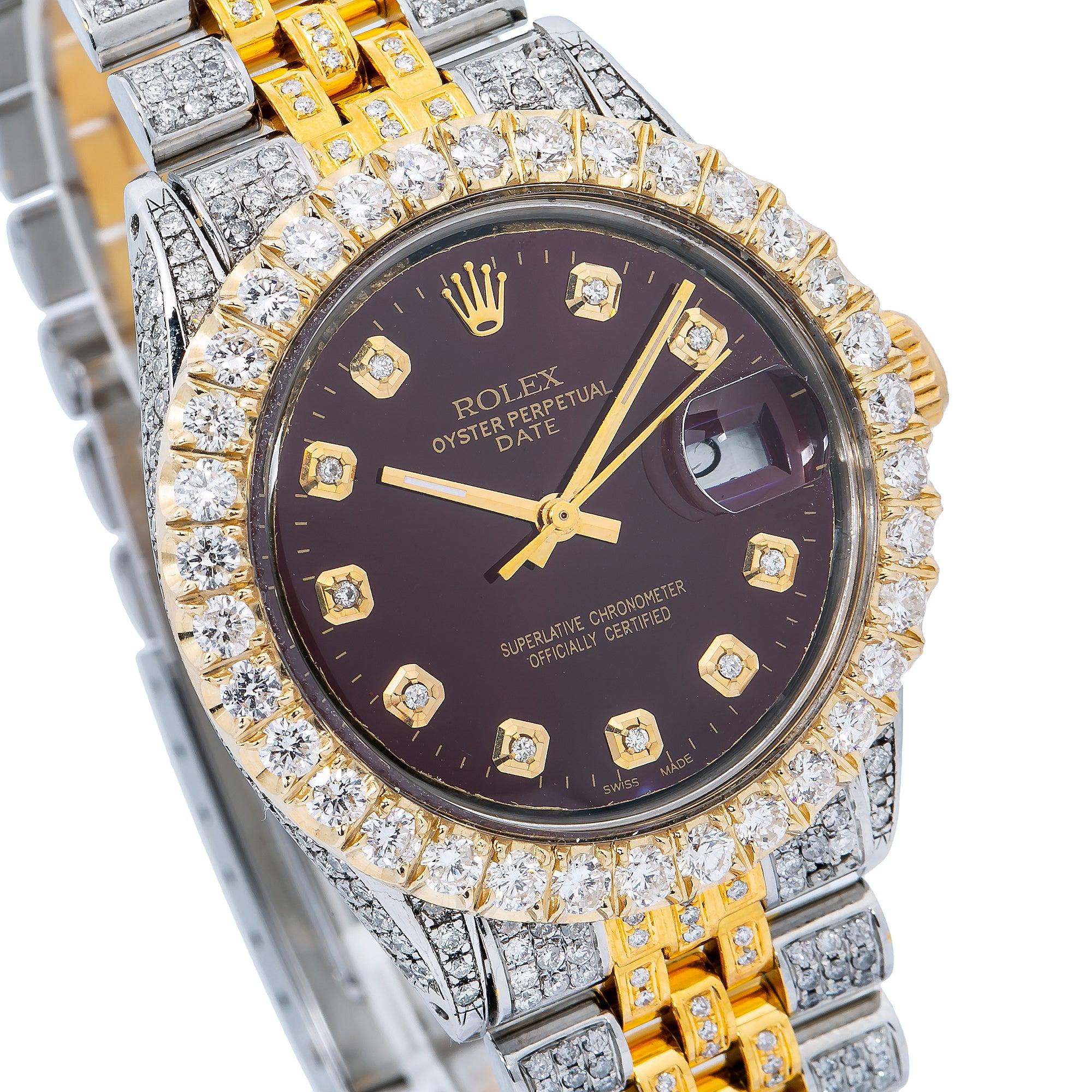 Rolex Datejust 36MM 1601 Burgundy Diamond Dial Diamond Bezel Two Tone Yellow Gold Full Diamond Jubilee Bracelet