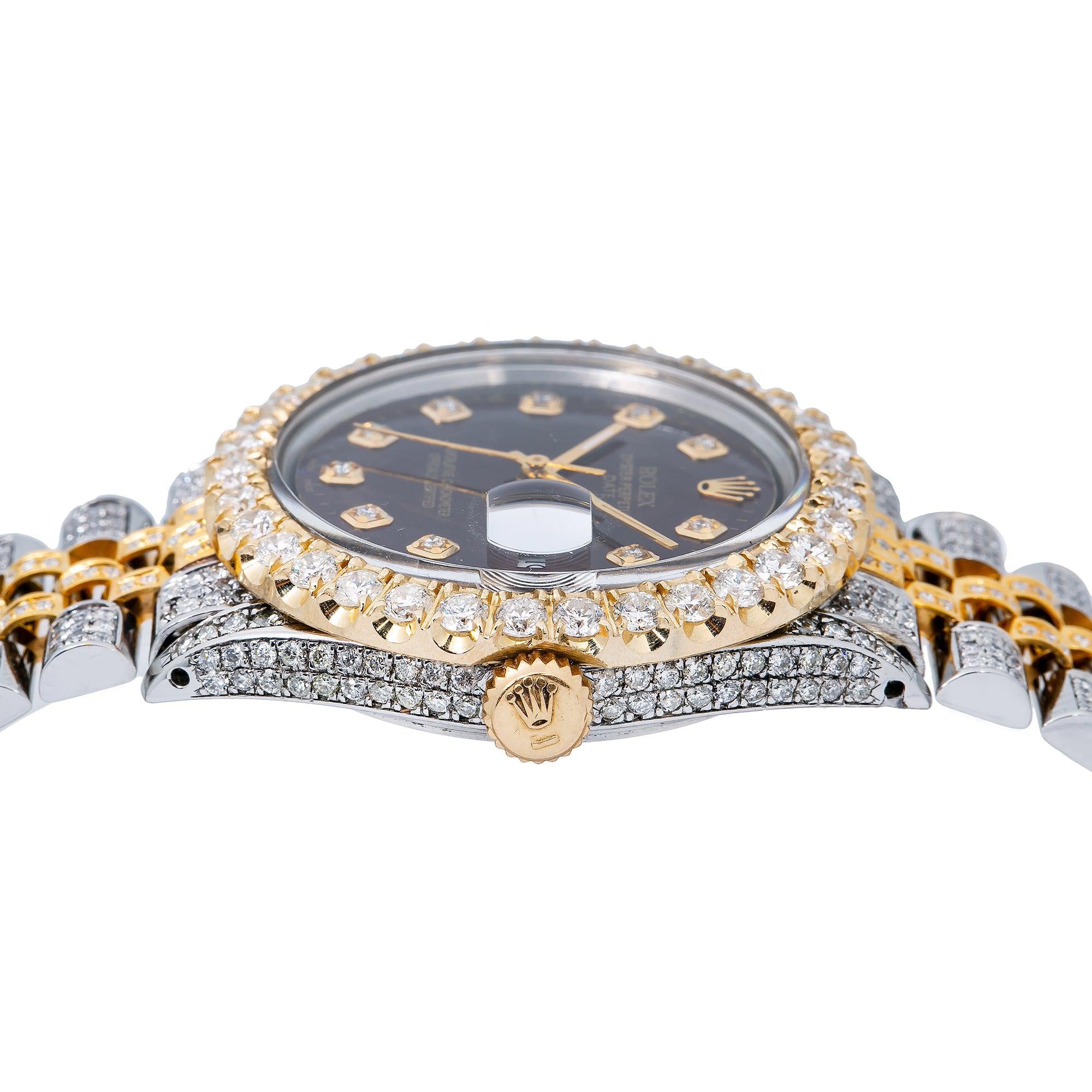 Rolex Datejust 36MM 1601 Burgundy Diamond Dial Diamond Bezel Two Tone Yellow Gold Full Diamond Jubilee Bracelet