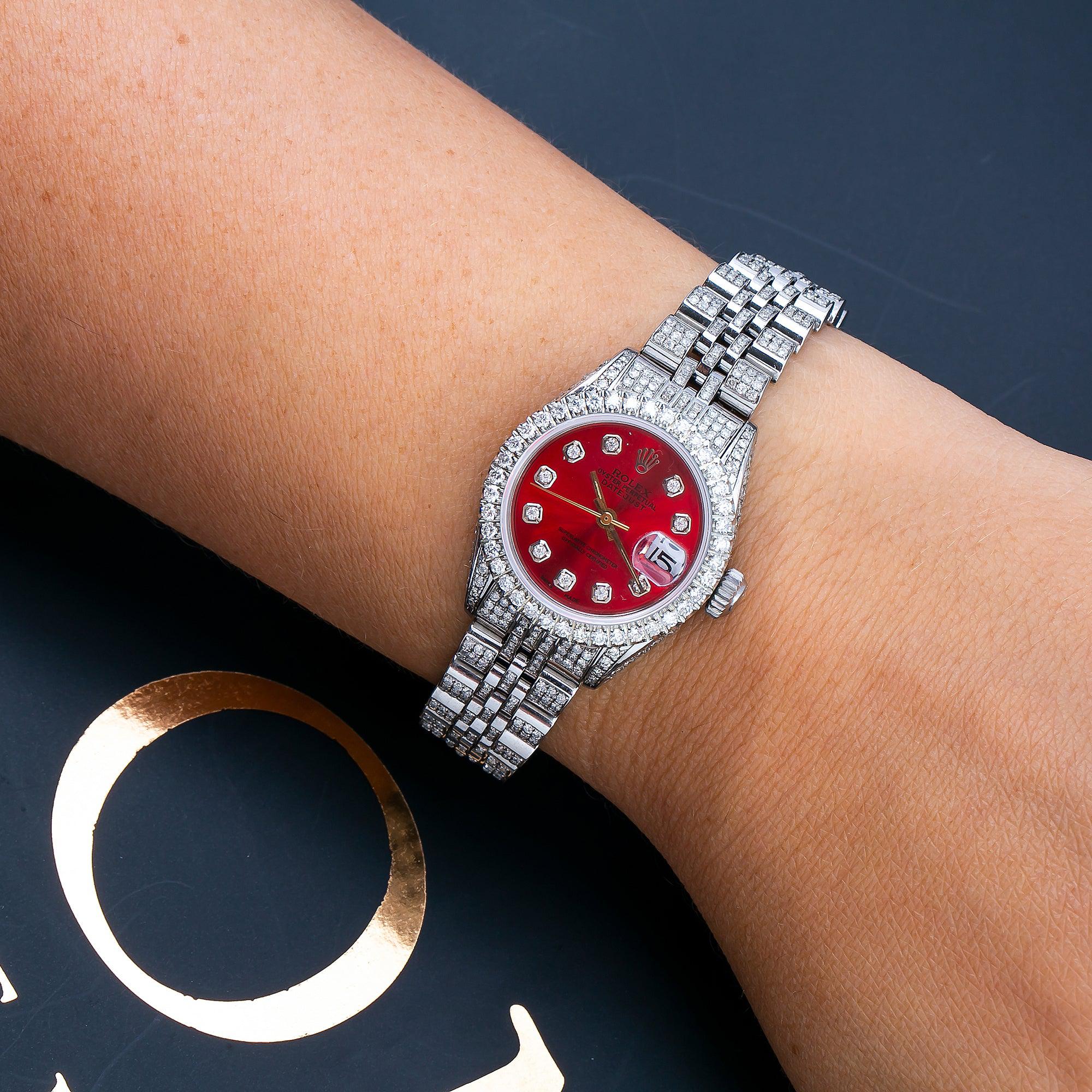 Rolex Datejust 26MM 6916 Red Diamond Dial Diamond Bezel Stainless Steel Full Diamond Jubilee Bracelet