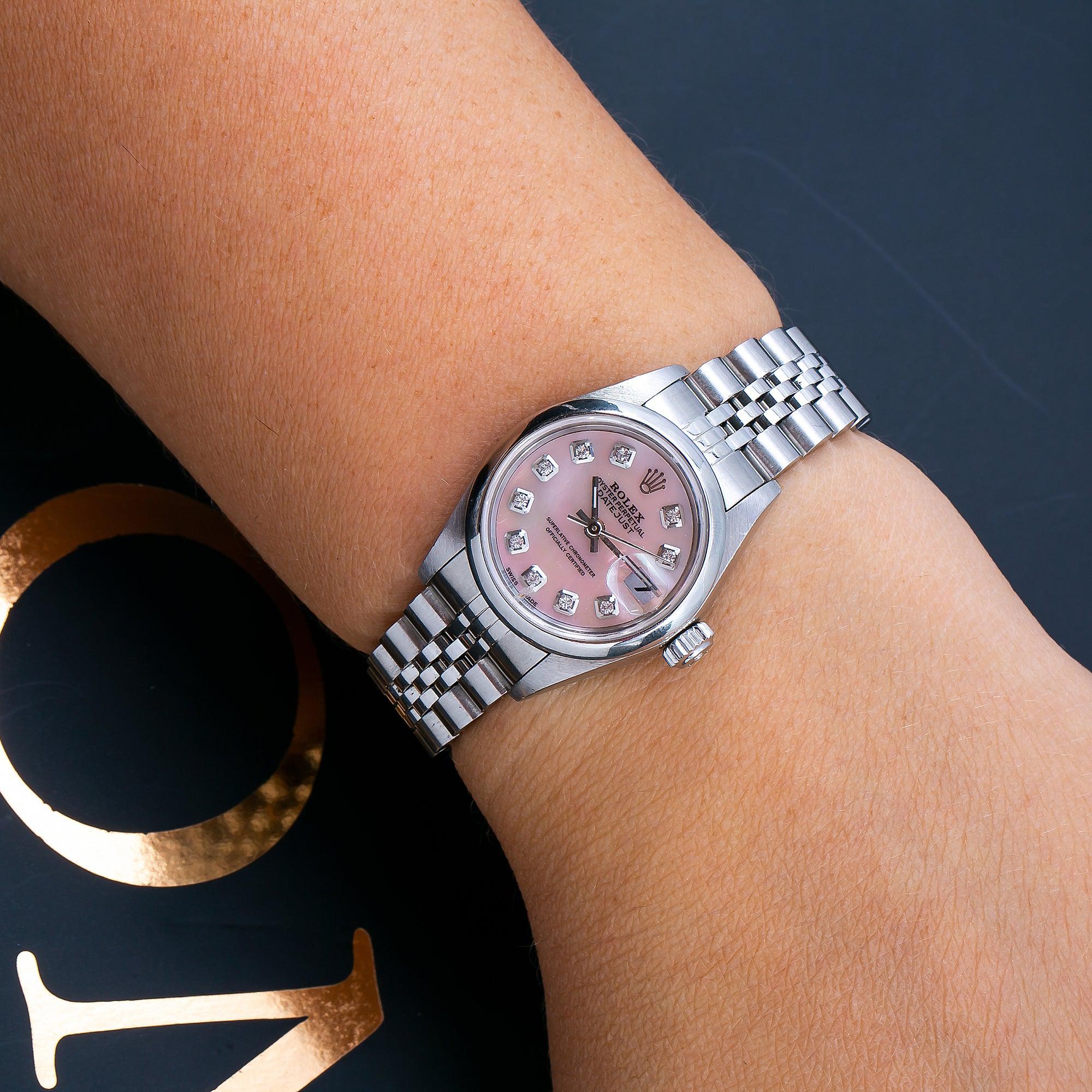 Rolex Datejust 26MM 6916 Pink Mother of Pearl Diamond Dial Smooth Bezel Stainless Steel Jubilee Bracelet