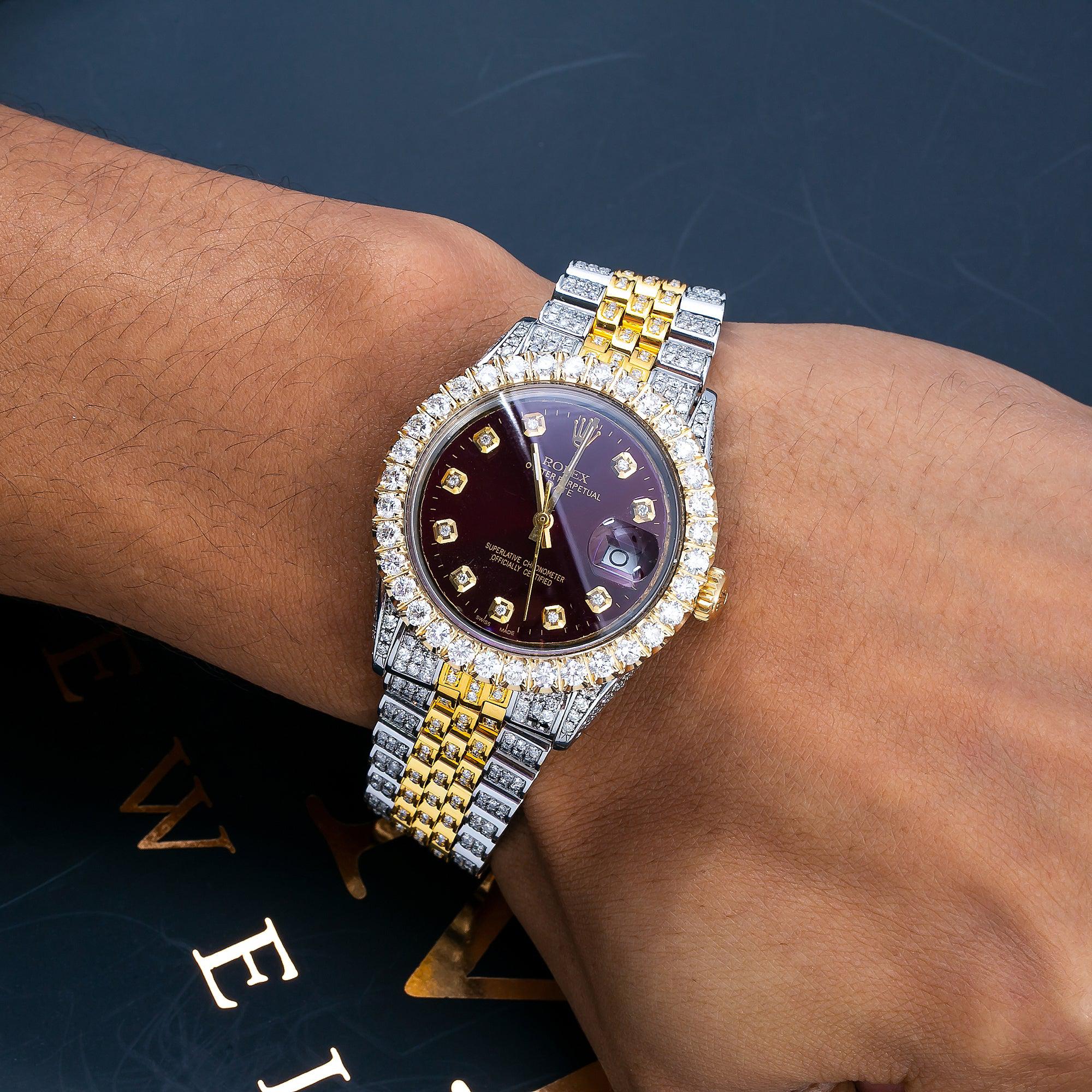 Rolex Datejust 36MM 1601 Burgundy Diamond Dial Diamond Bezel Two Tone Yellow Gold Full Diamond Jubilee Bracelet