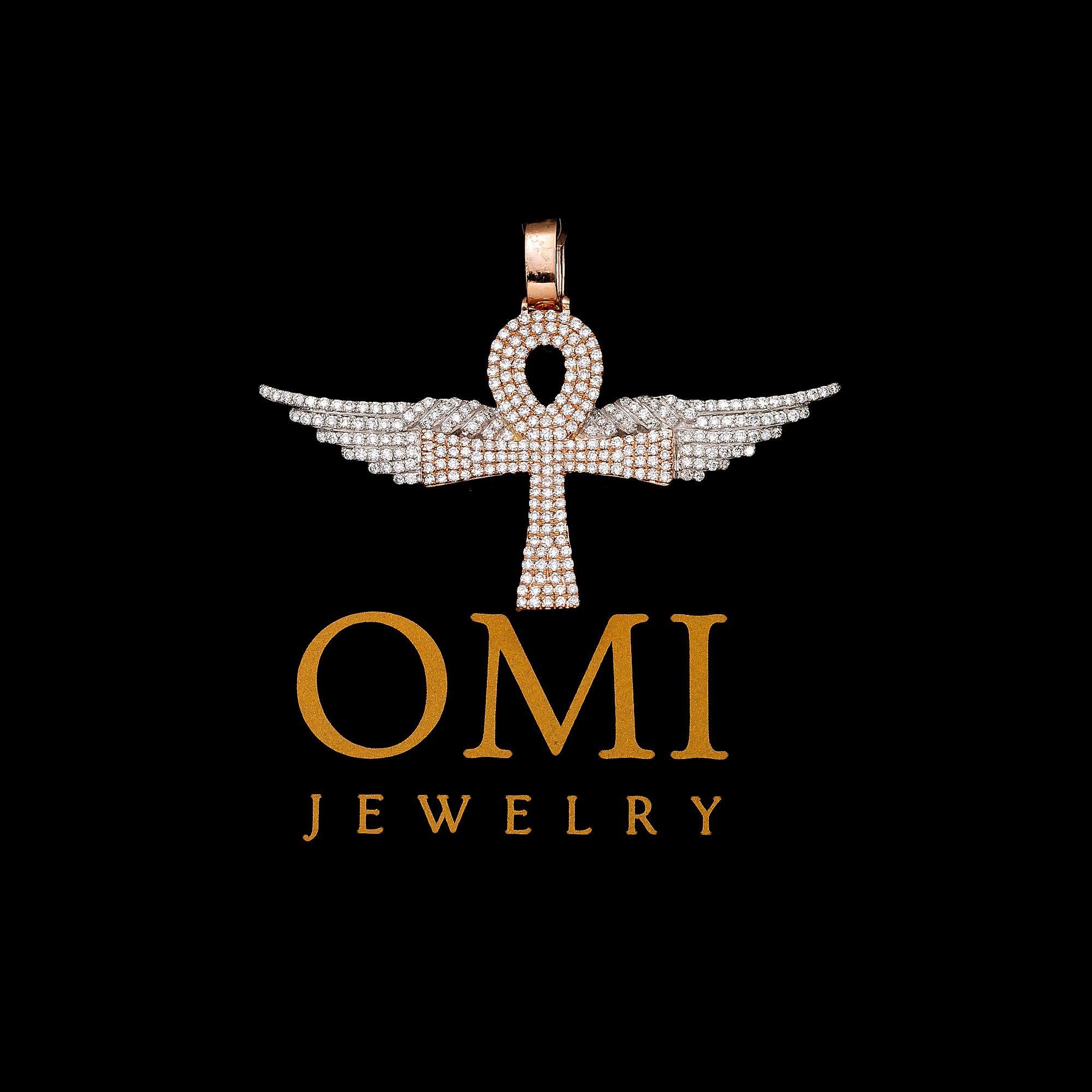 14K GOLD TWO-TONE DIAMOND ANKH WITH WINGS PENDANT 2.00 CT