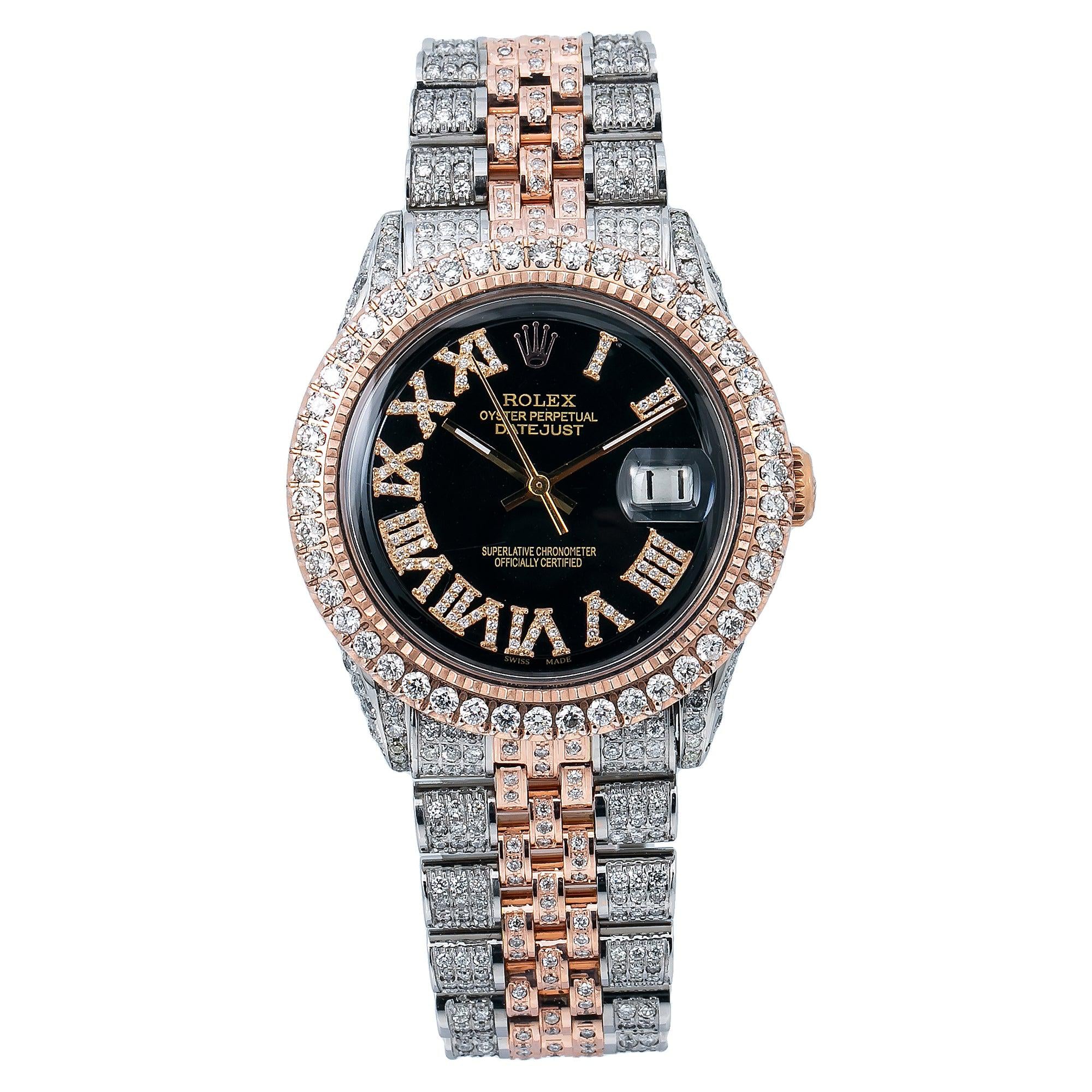 Rolex Datejust 36MM 116201 Black Roman Dial Diamond Bezel Two Tone Full Diamond Jubilee Bracelet