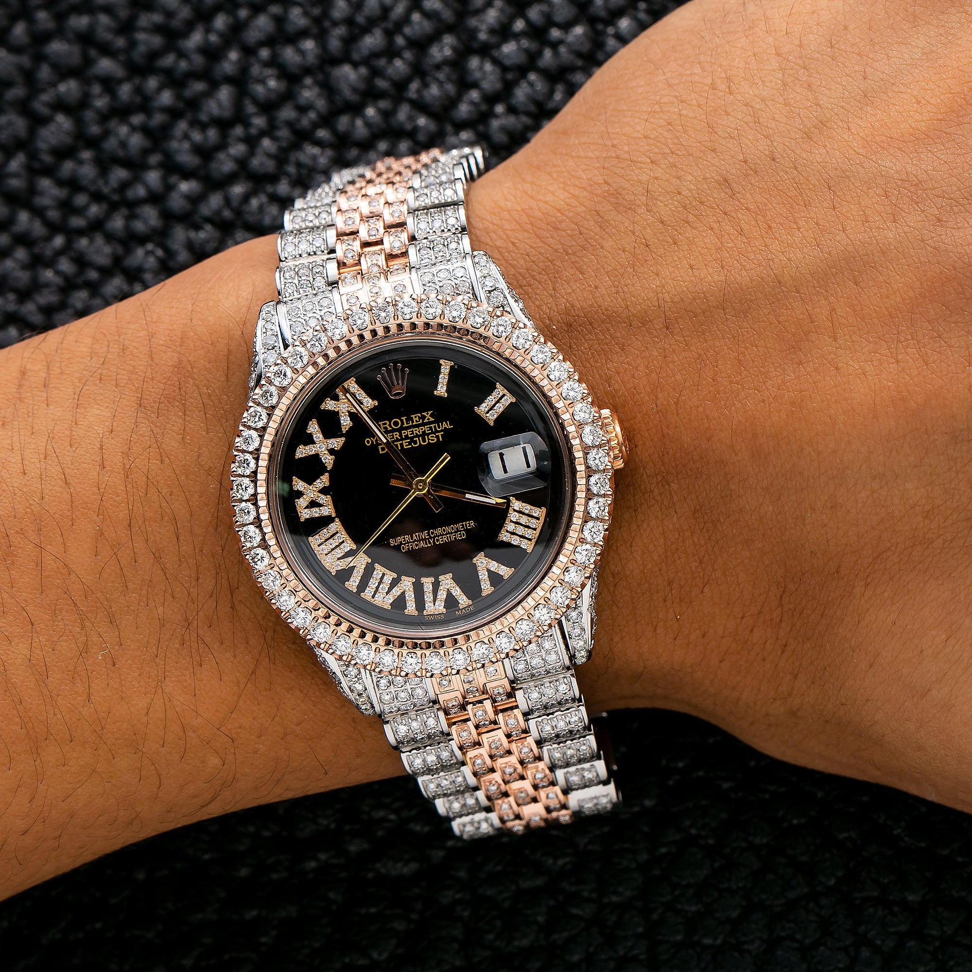 Rolex Datejust 36MM 116201 Black Roman Diamond Dial Diamond Bezel Two Tone Rose Gold Full Diamond Jubilee Bracelet