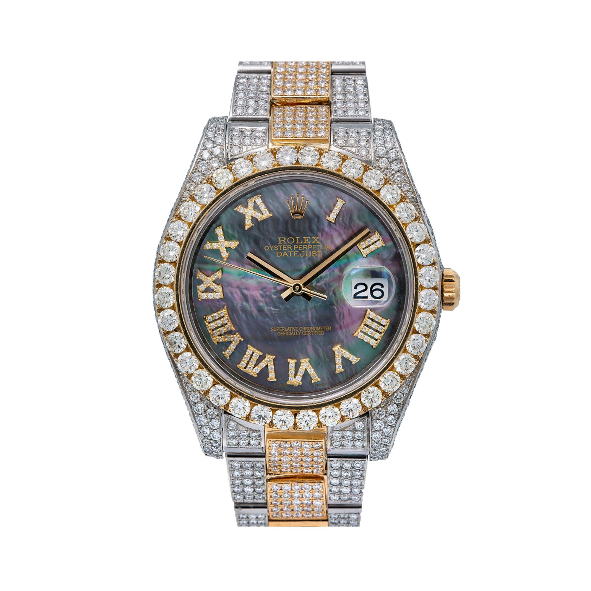 Rolex Datejust 41MM 126333 Black Mother of Pearl Roman Dial Diamond Bezel Two Tone Full Diamond Oyster Bracelet 18.75ct