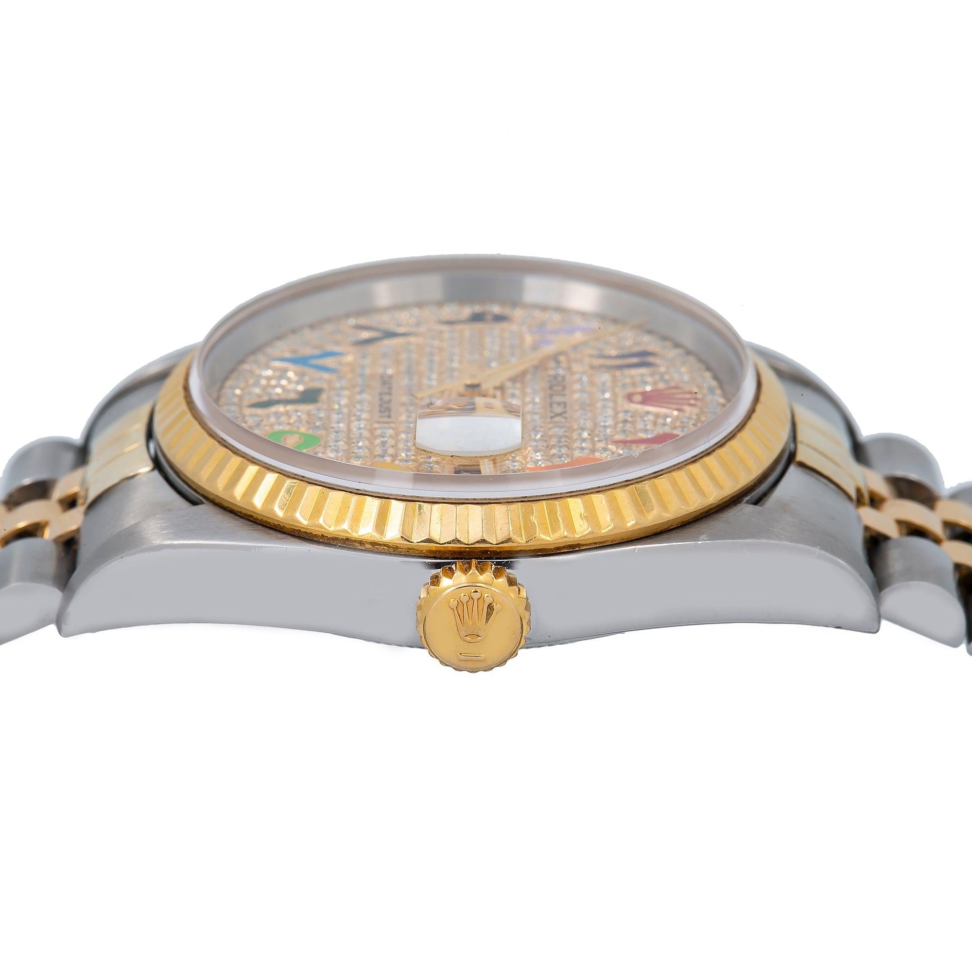 Rolex Datejust 36MM 16233 Diamond Paved Rainbow Eastern Arabic Dial Fluted Bezel Two Tone Yellow Gold Jubilee Bracelet