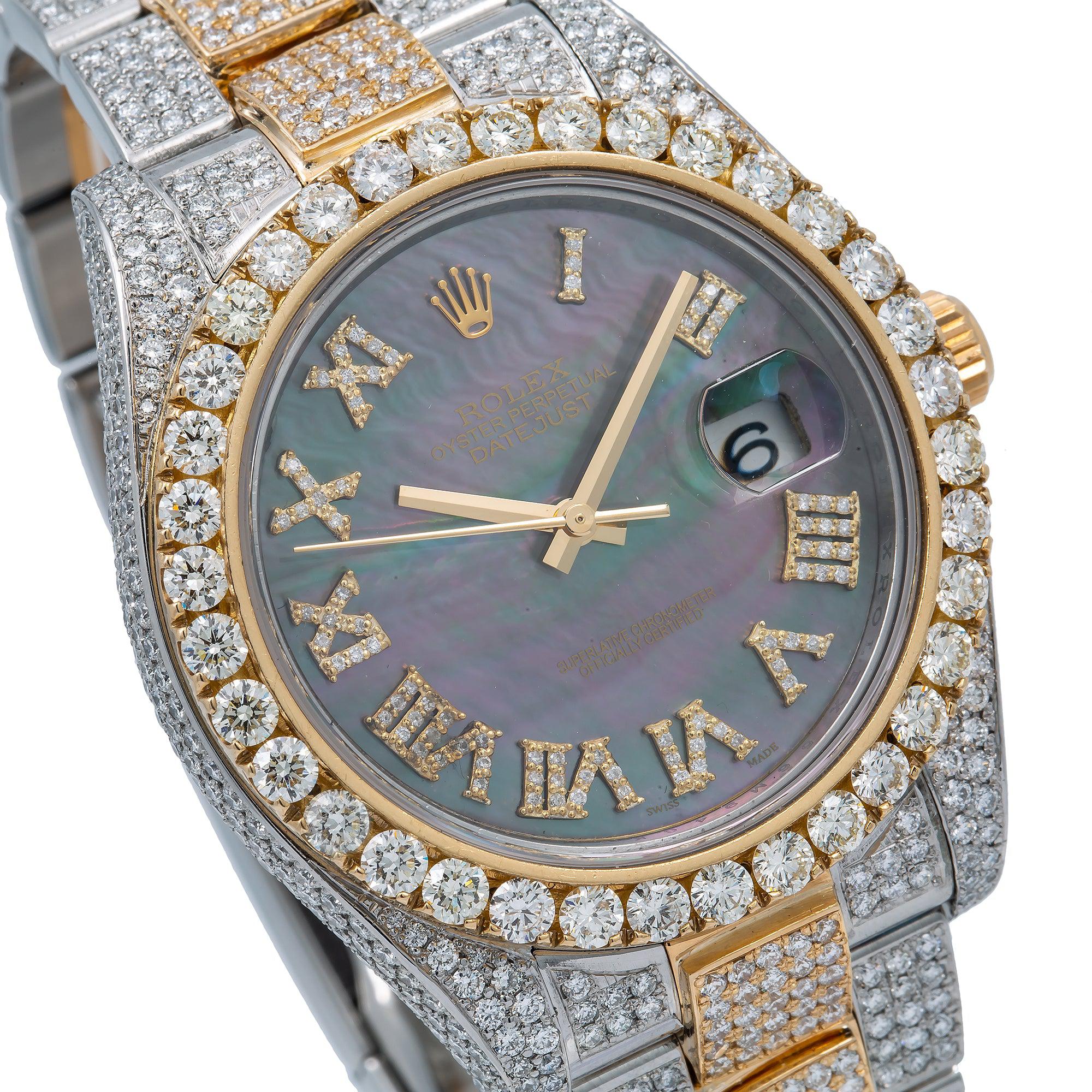 Rolex Datejust 41MM 126333 Black Mother of Pearl Roman Diamond Dial Diamond Bezel Two Tone Yellow Gold Full Diamond Oyster Bracelet 18.75ct