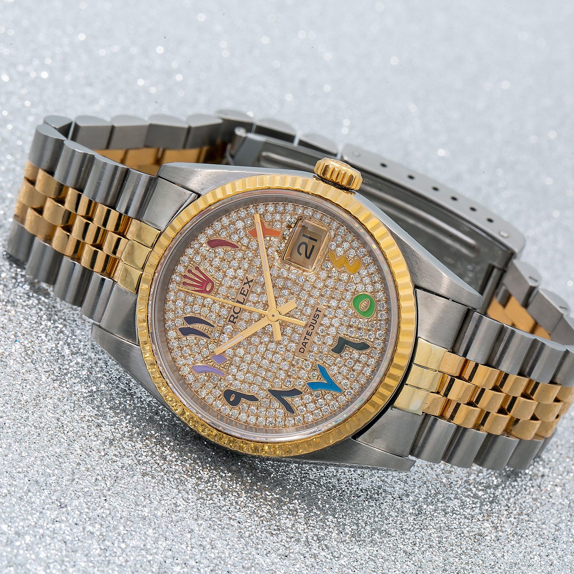 Rolex Datejust 36MM 16233 Diamond Paved Rainbow Eastern Arabic Dial Fluted Bezel Two Tone Yellow Gold Jubilee Bracelet
