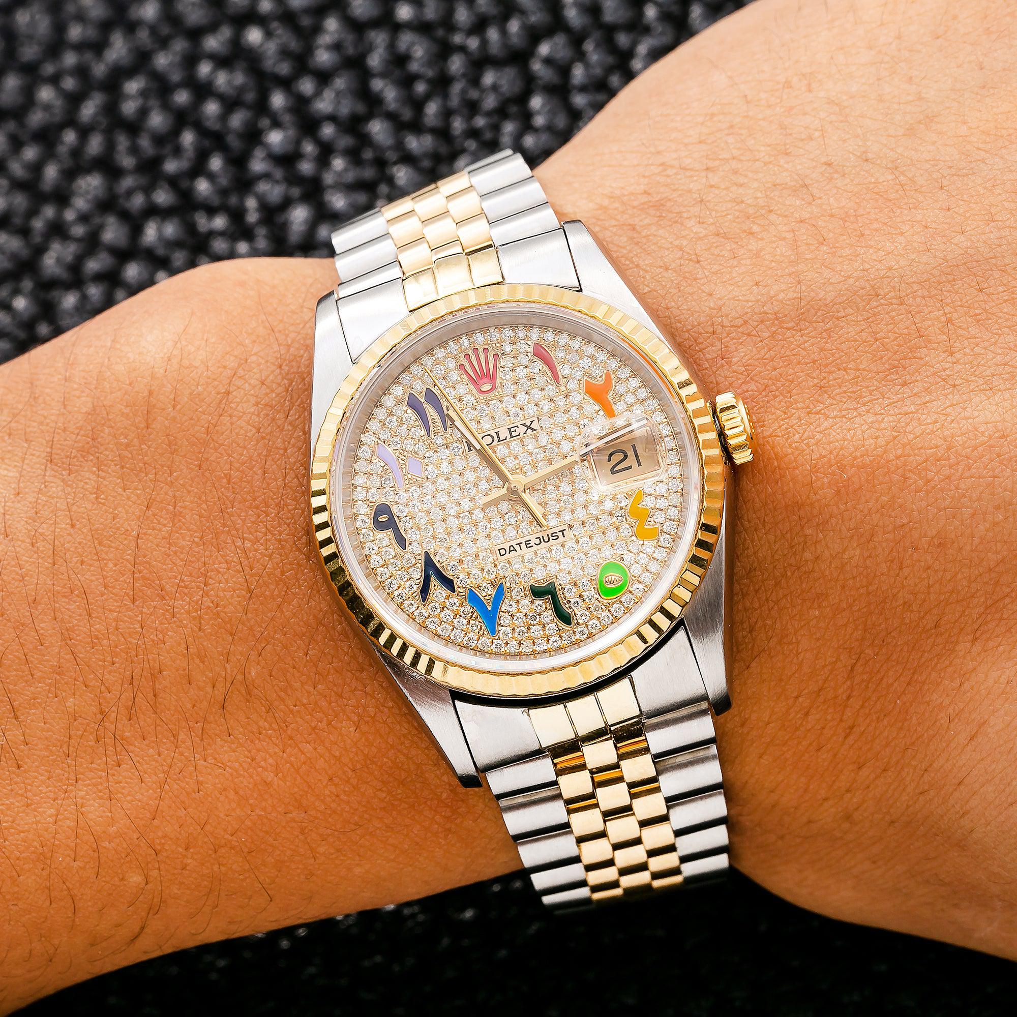 Rolex Datejust 36MM 16233 Diamond Paved Rainbow Eastern Arabic Dial Fluted Bezel Two Tone Yellow Gold Jubilee Bracelet