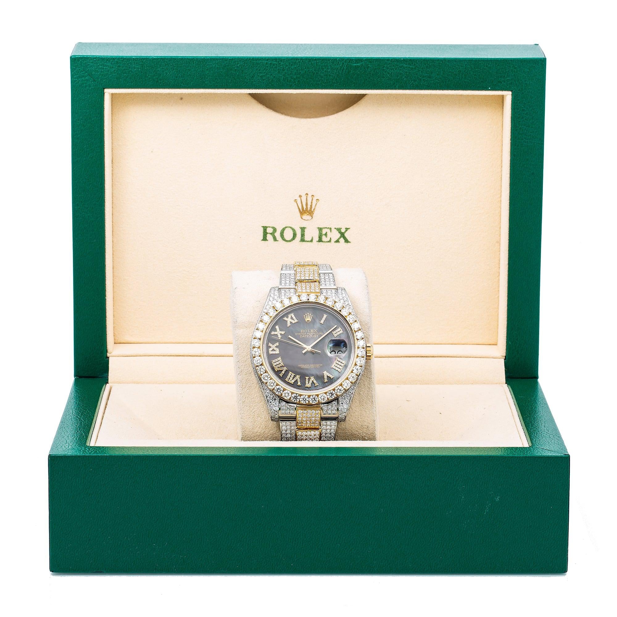 Rolex Datejust 41MM 126333 Black Mother of Pearl Roman Diamond Dial Diamond Bezel Two Tone Yellow Gold Full Diamond Oyster Bracelet 18.75ct