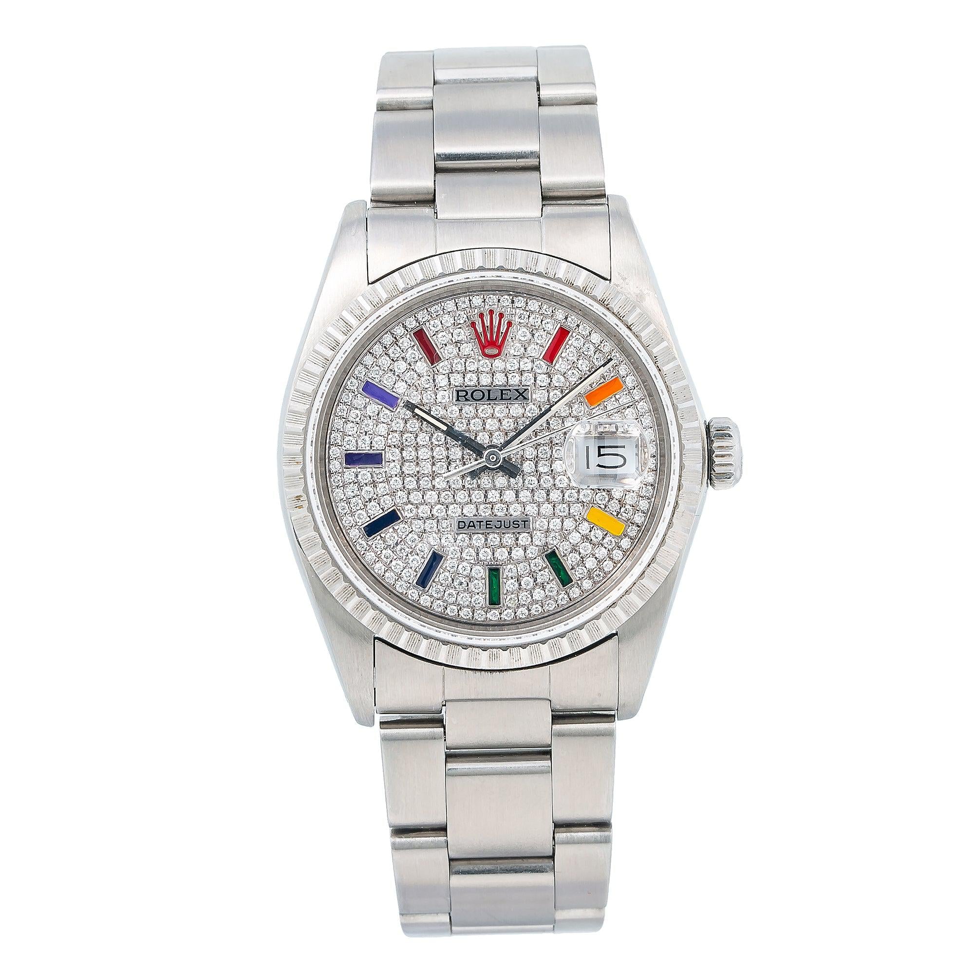 Rolex Datejust 36MM 16200 Diamond Paved Rainbow Hour Dial Engine Turned Bezel Stainless Steel Oyster Bracelet