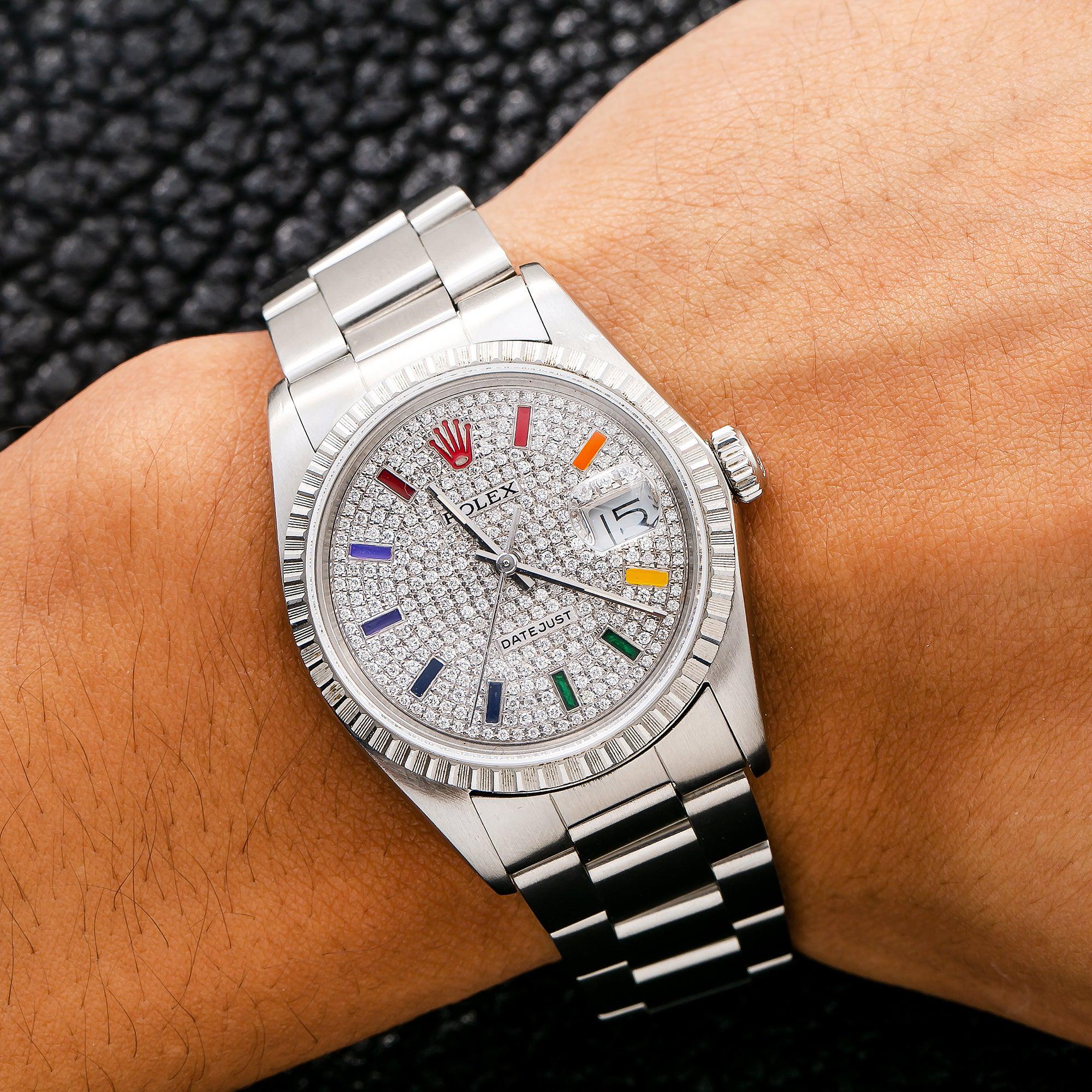 Rolex Datejust 36MM 16200 Diamond Paved Rainbow Hour Dial Engine Turned Bezel Stainless Steel Oyster Bracelet