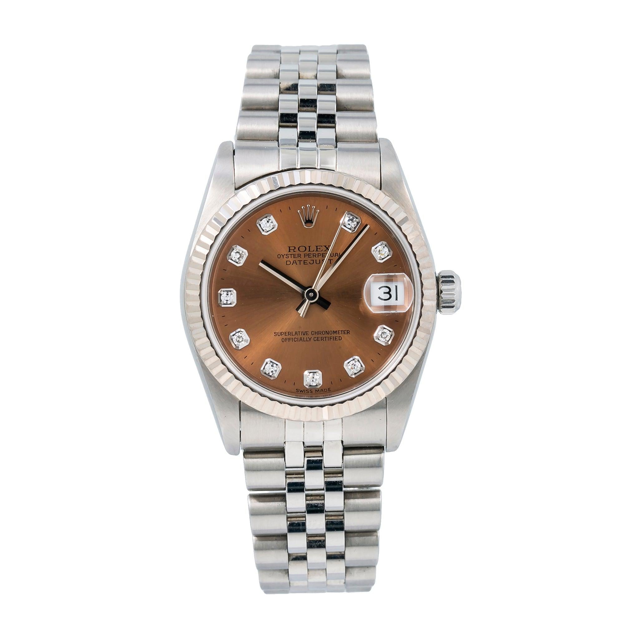 Rolex Datejust 31MM 68274 Brown Diamond Dial White Gold Fluted Bezel Stainless Steel Jubilee Bracelet