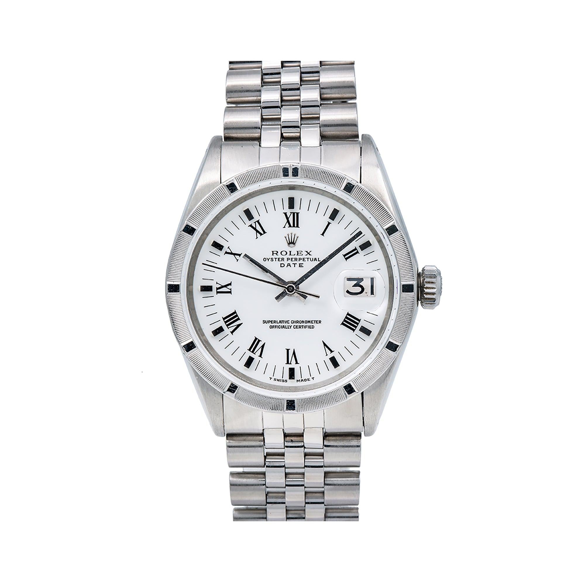 Rolex Date 34MM 1501 White Roman Dial Engine Turned Bezel Stainless Steel Jubilee Bracelet
