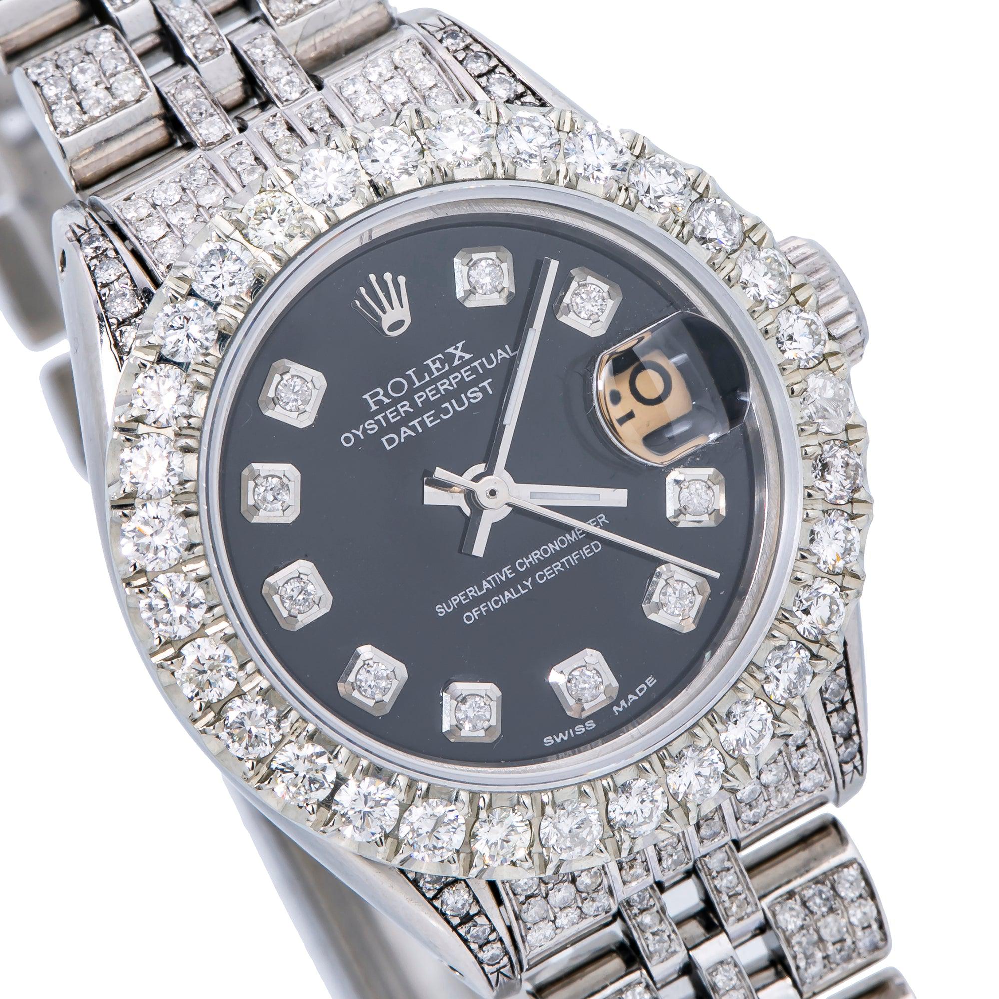 Rolex Datejust 26MM 6916 Black Diamond Dial Diamond Bezel Stainless Steel Full Diamond Jubilee Bracelet