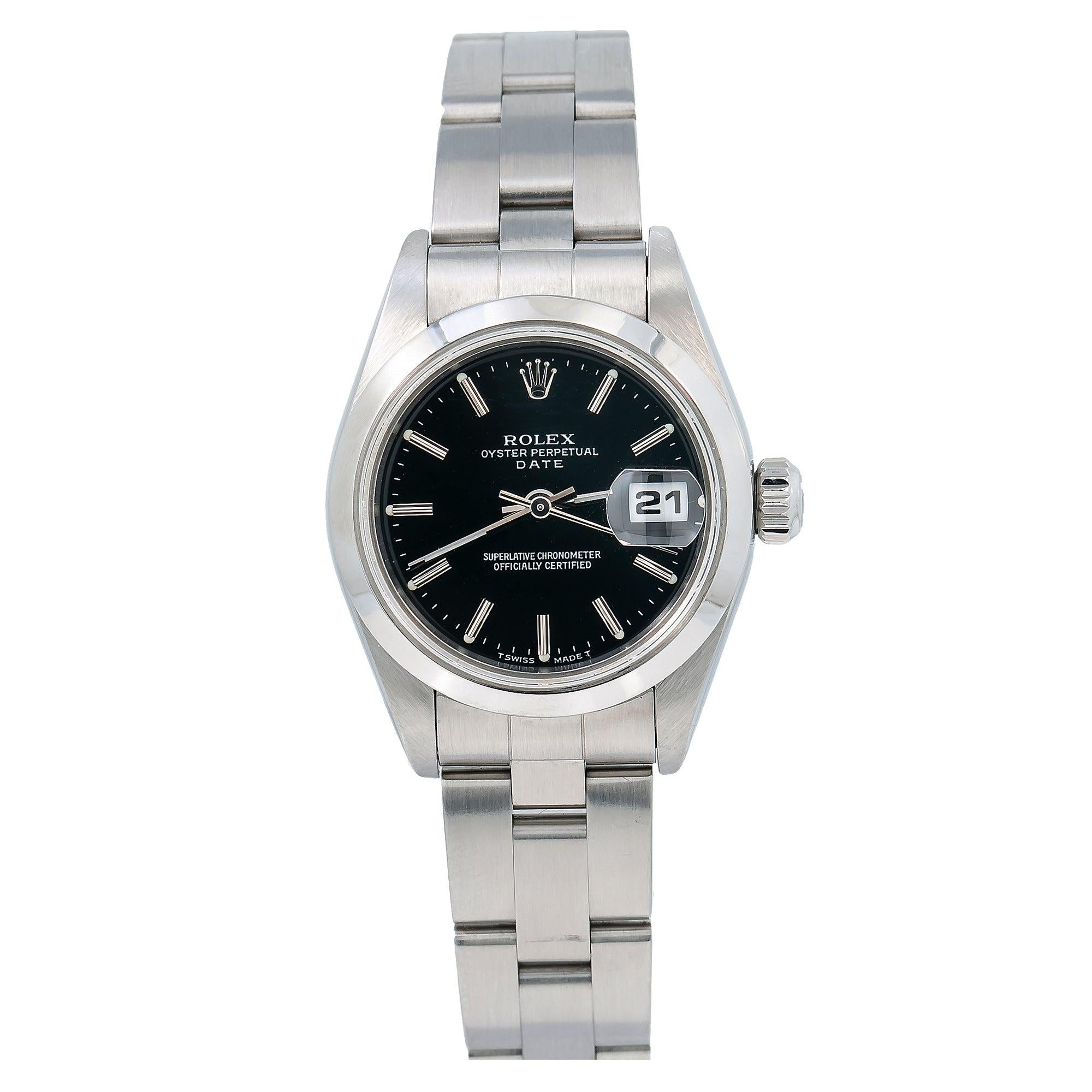 Rolex Date 26MM 69160 Black Dial Smooth Bezel Stainless Steel Oyster Bracelet
