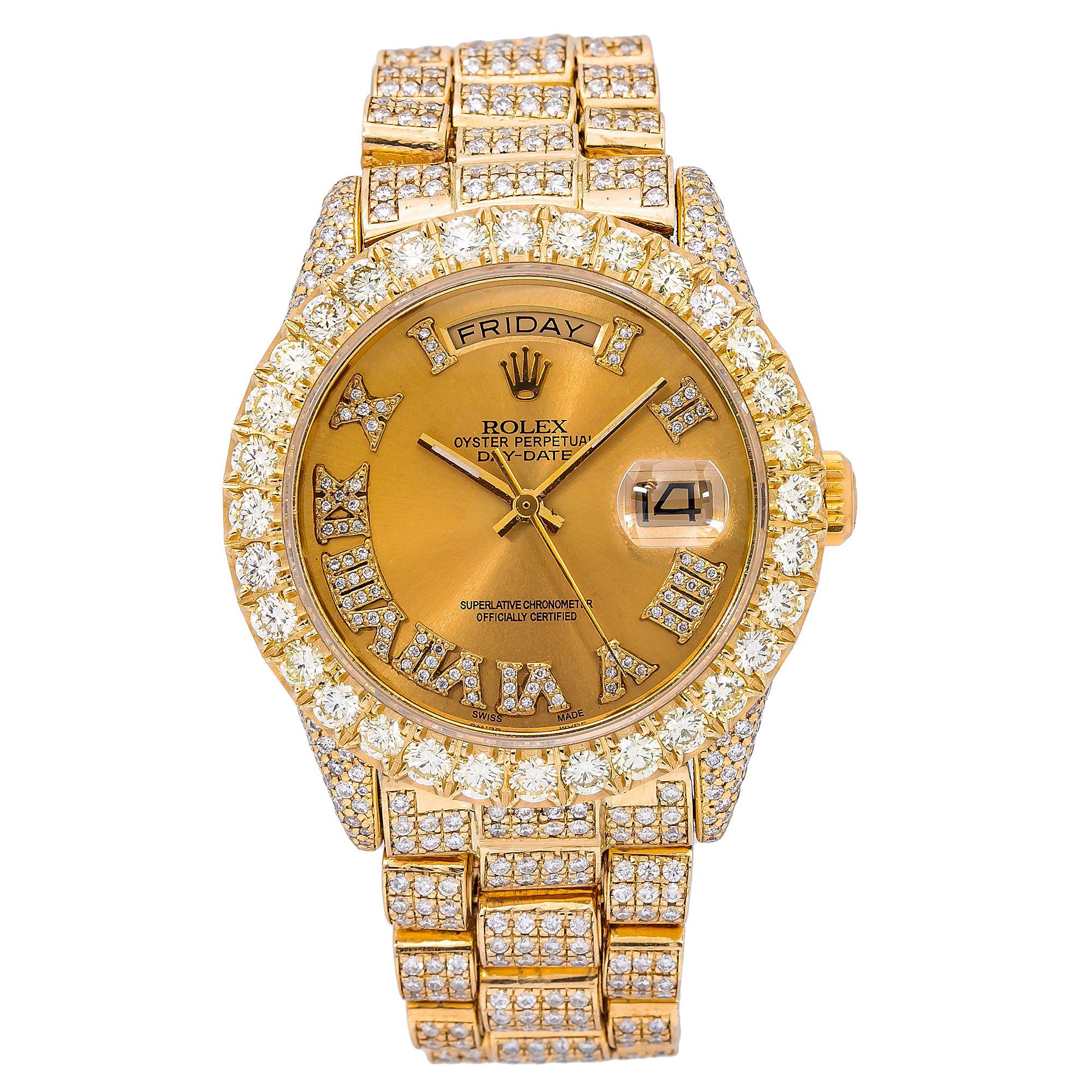 Rolex Day-Date 36MM 18038 Champagne Roman Dial Diamond Bezel 18K Yellow Gold Full Diamond President Bracelet