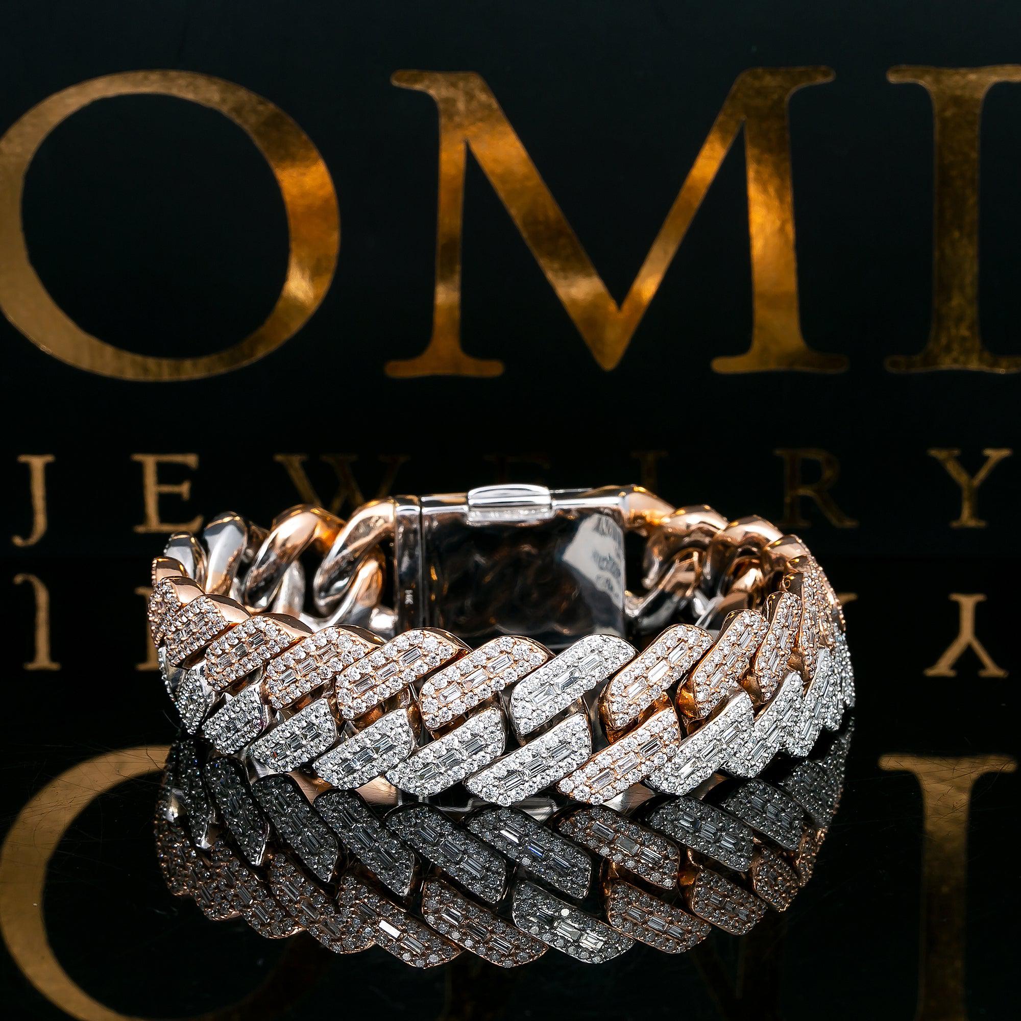 14K WHITE/ROSE GOLD 8.5 INCHES CUBAN BRACELET BAGUETTE DIAMONDS