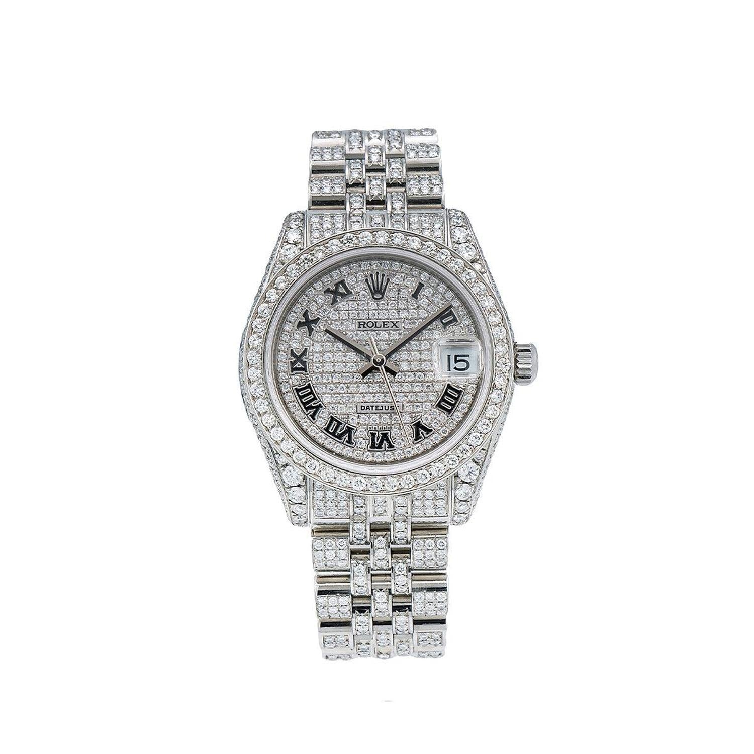 Rolex Datejust 31MM 178274 Diamond Paved Roman Dial Diamond Bezel Full Diamond Oyster Bracelet 10.15ct