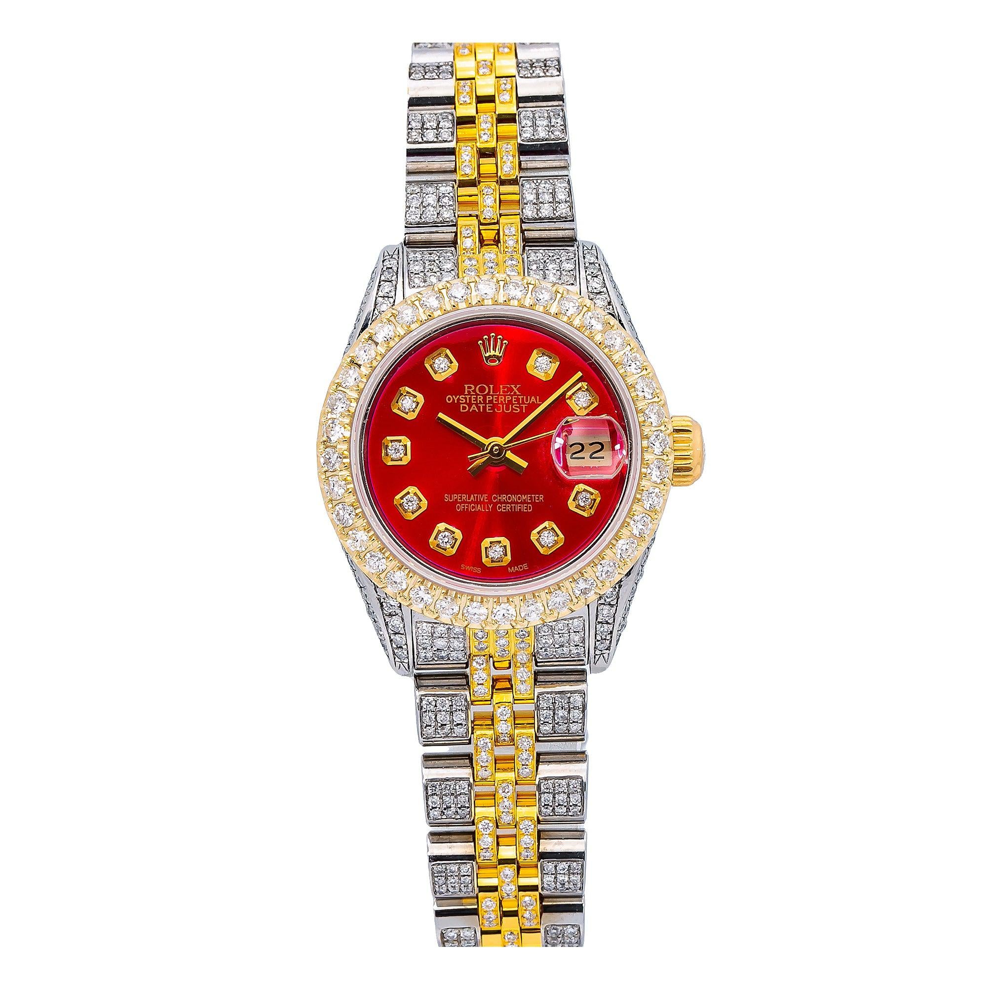 Rolex Datejust 26MM 6917 Red Diamond Dial Diamond Bezel Two Tone Full Diamond Jubilee Bracelet
