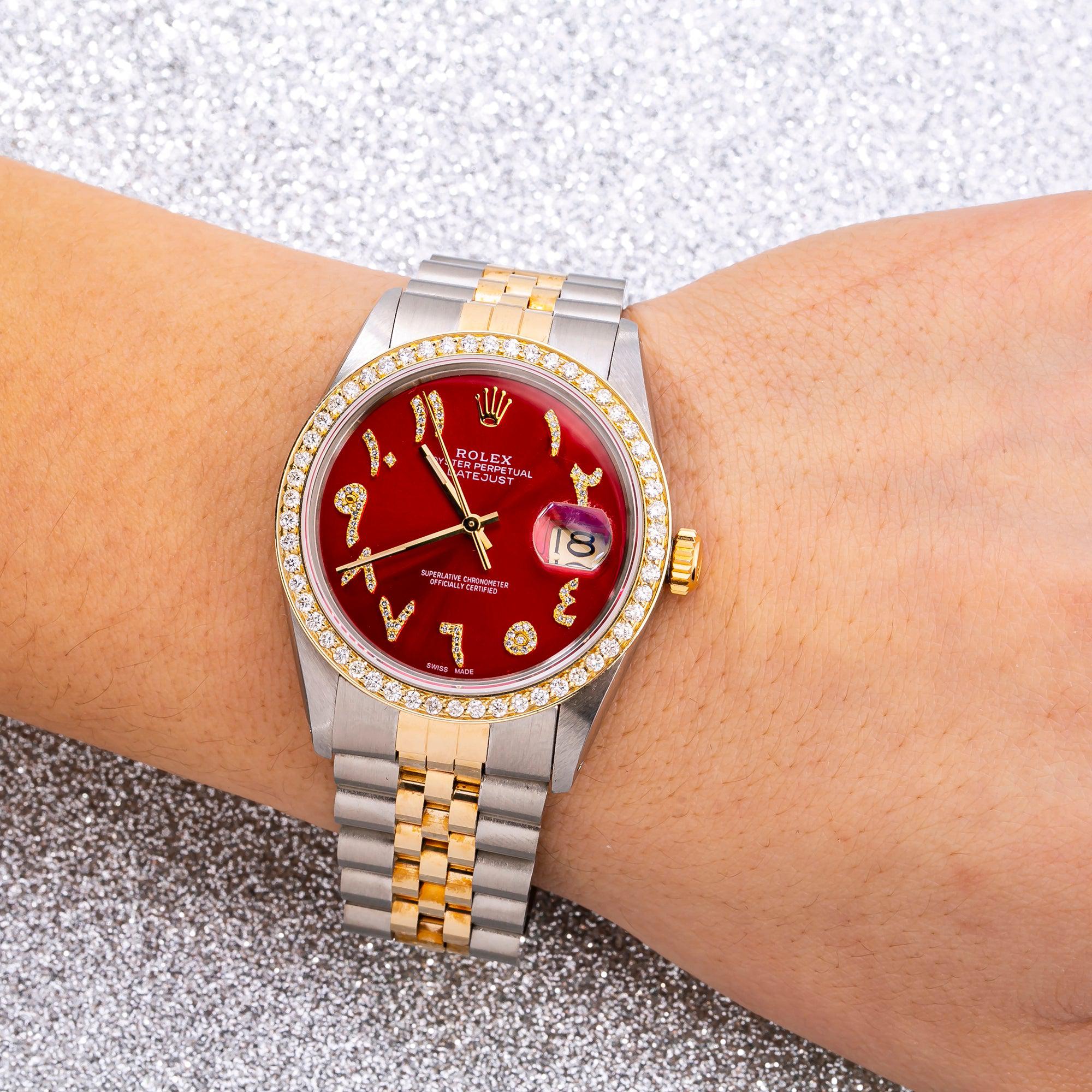 Rolex Datejust 36MM 16013 Red Eastern Arabic Diamond Dial Diamond Bezel Two Tone Yellow Gold Jubilee Bracelet