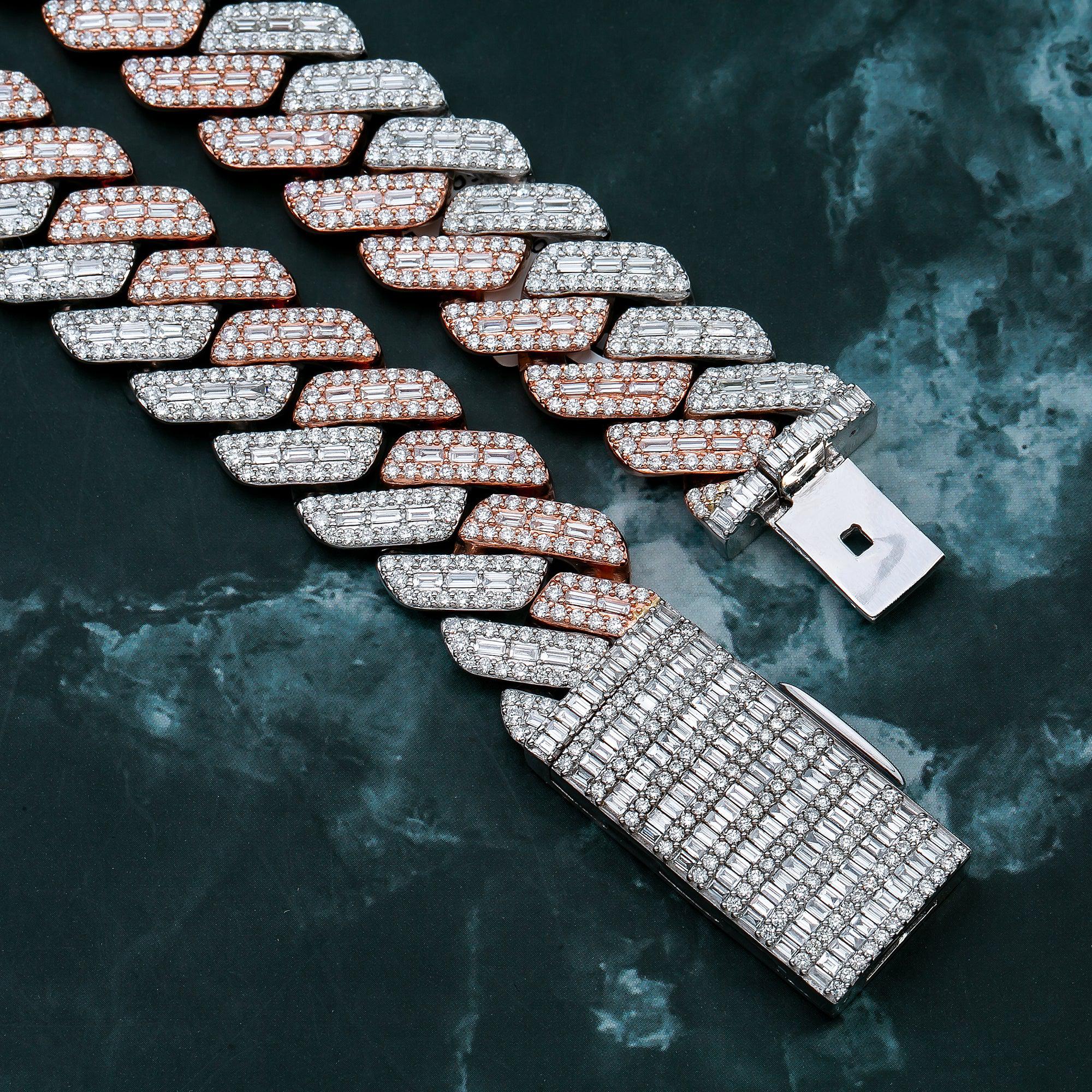 14K GOLD TWO TONE 28" / 17MM CUBAN CHAIN WITH 38.90 CT BAGUETTE AND ROUND DIAMONDS