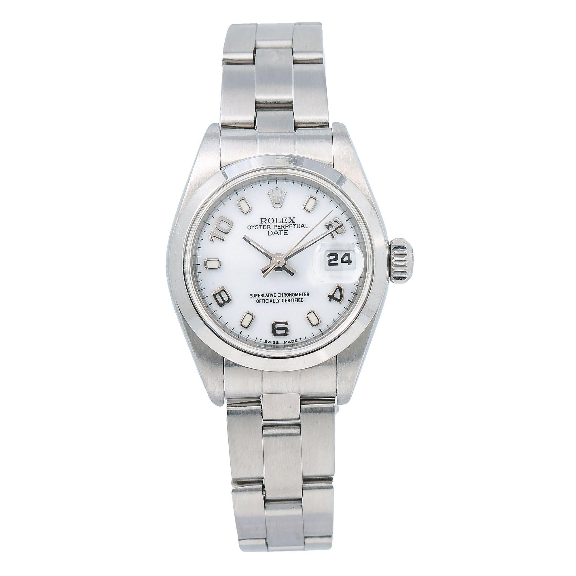 Rolex Date 26MM 69160 White Arabic Dial Smooth Bezel Stainless Steel Oyster Bracelet
