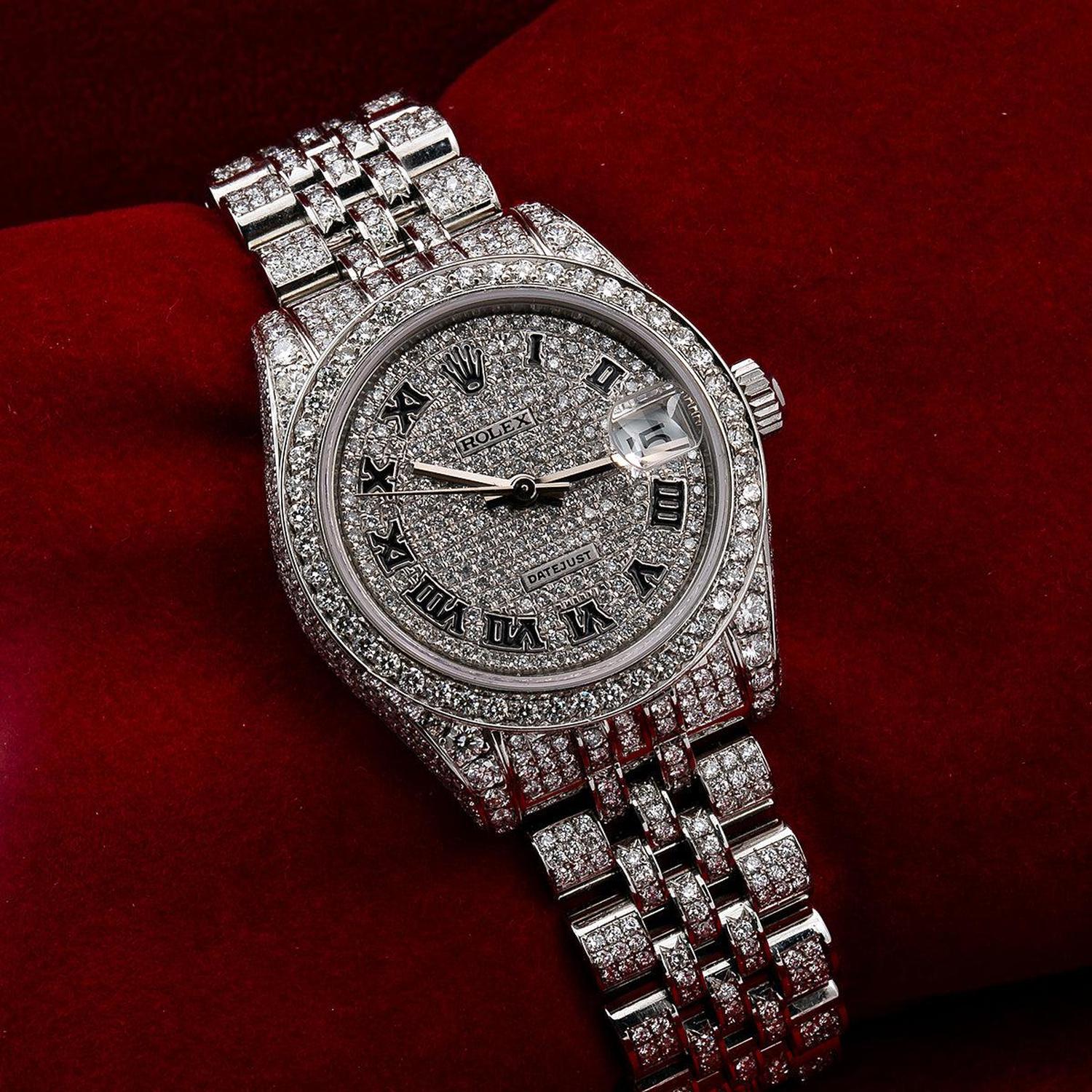 Rolex Datejust 31MM 178274 Diamond Paved Roman Dial Diamond Bezel Stainless Steel Full Diamond Jubilee Bracelet 10.15ct