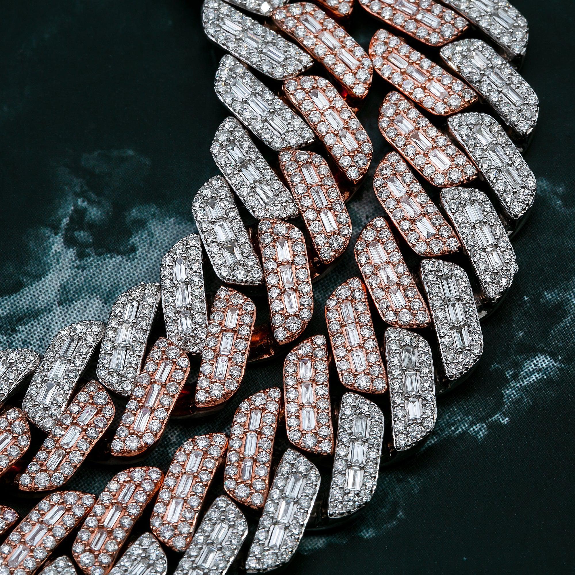 14K GOLD TWO TONE 28" / 17MM CUBAN CHAIN WITH 38.90 CT BAGUETTE AND ROUND DIAMONDS