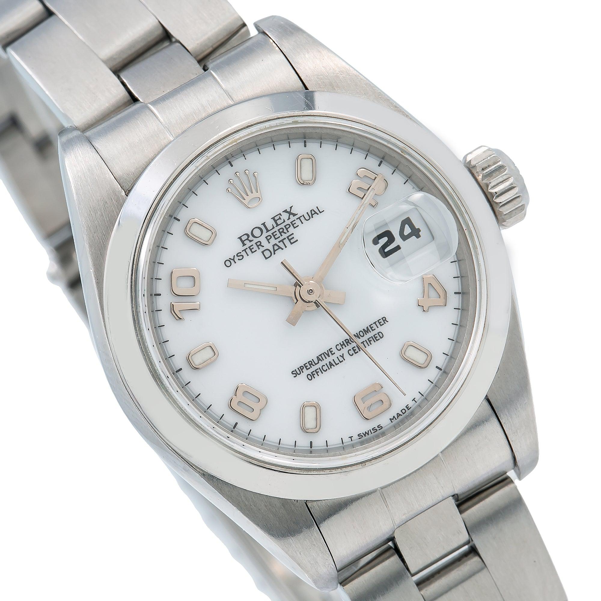 Rolex Date 26MM 69160 White Arabic Dial Smooth Bezel Stainless Steel Oyster Bracelet