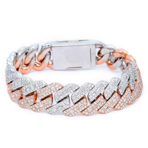 14K WHITE/ROSE GOLD 8.5 INCHES CUBAN BRACELET BAGUETTE DIAMONDS