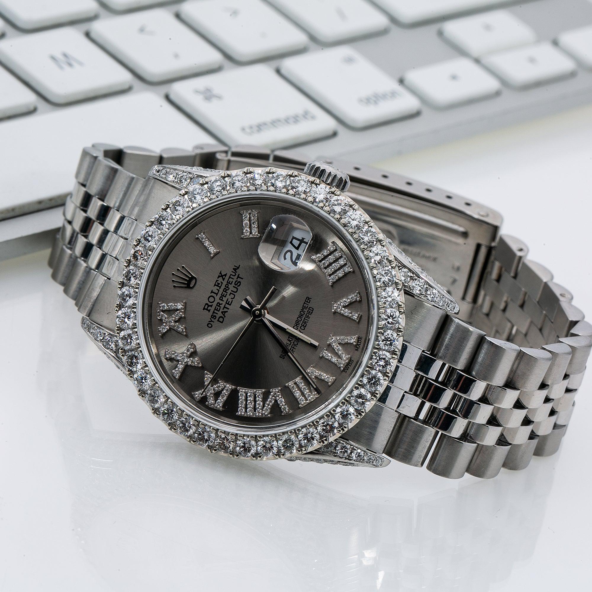 Rolex Datejust 36MM 16014 Silver Roman Diamond Dial Diamond Bezel Stainless Steel Jubilee Bracelet 3.5ct