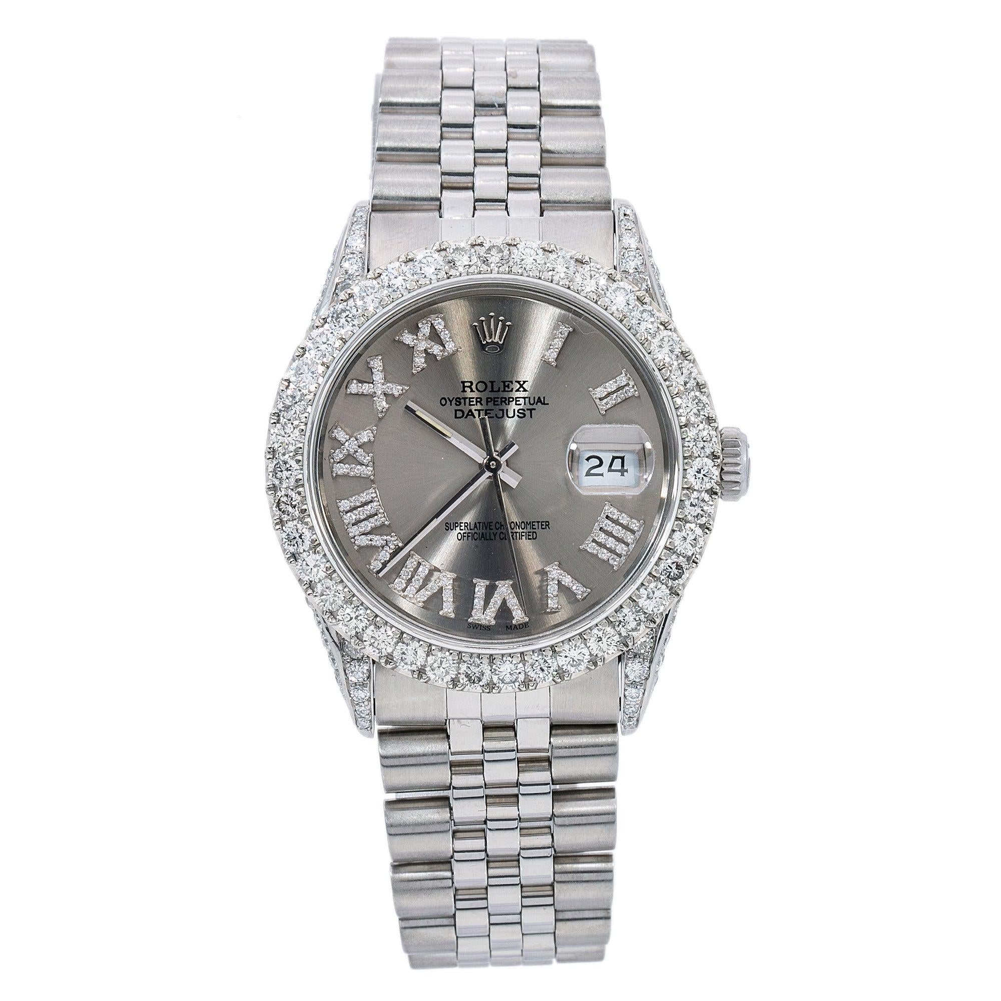 Rolex Datejust 36MM 16014 Silver Roman Dial Diamond Bezel Stainless Steel Jubilee Bracelet 3.5ct