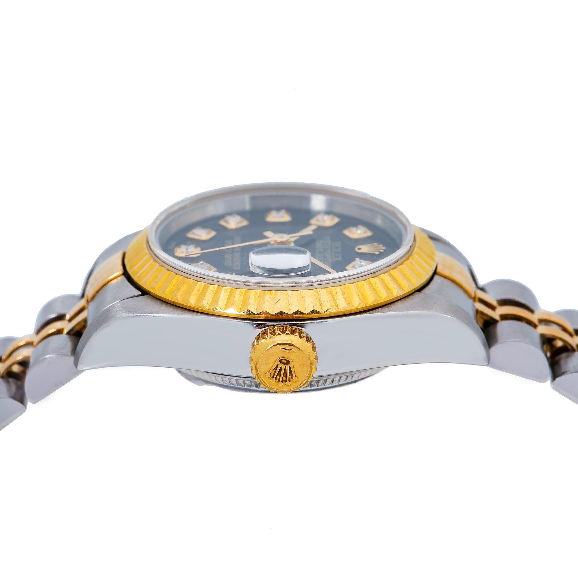 Rolex Datejust 26MM 69173 Black Diamond Dial Fluted Bezel Two Tone Yellow Gold Jubilee Bracelet