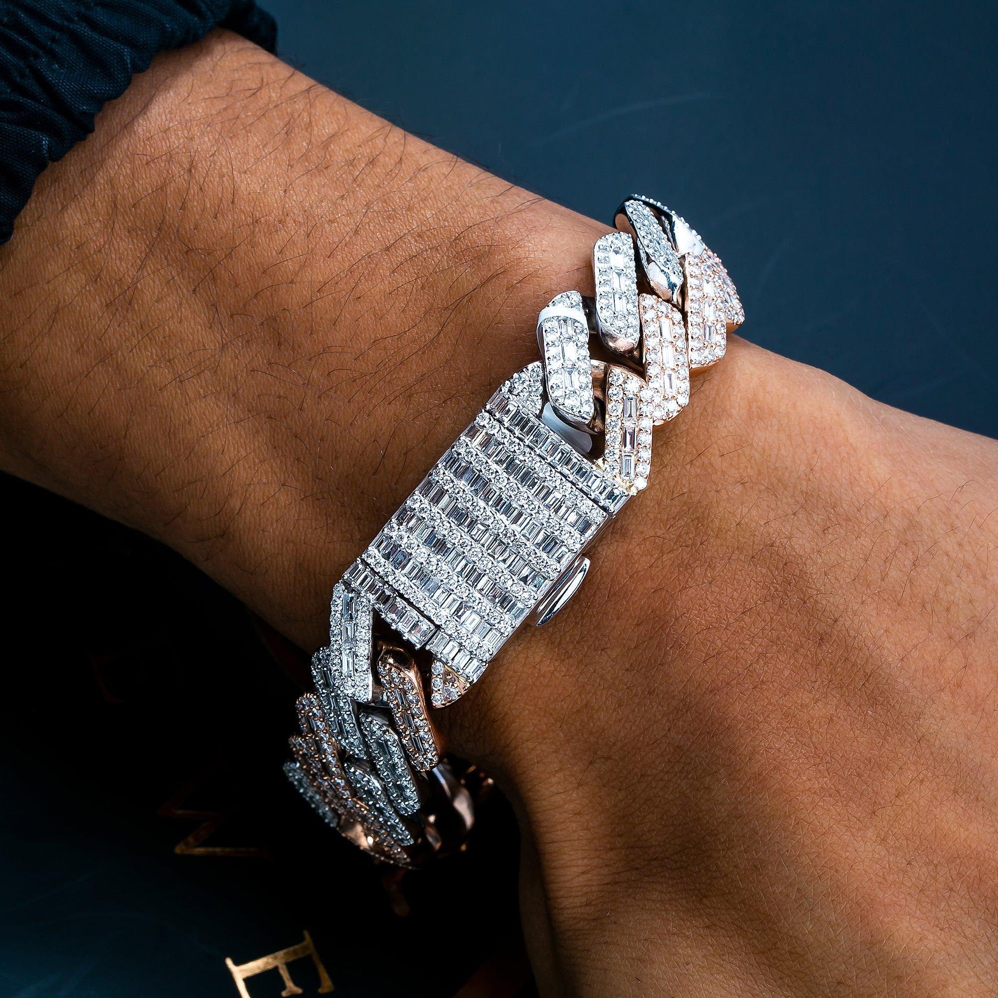 14K WHITE/ROSE GOLD 8.5 INCHES CUBAN BRACELET BAGUETTE DIAMONDS