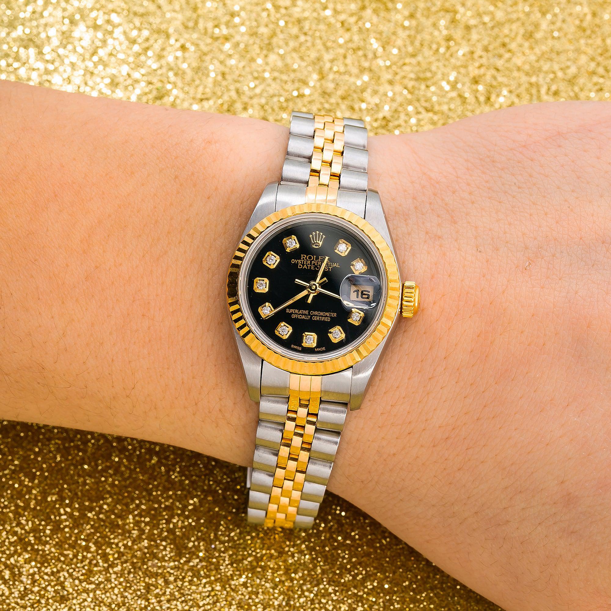 Rolex Datejust 26MM 69173 Black Diamond Dial Fluted Bezel Two Tone Yellow Gold Jubilee Bracelet
