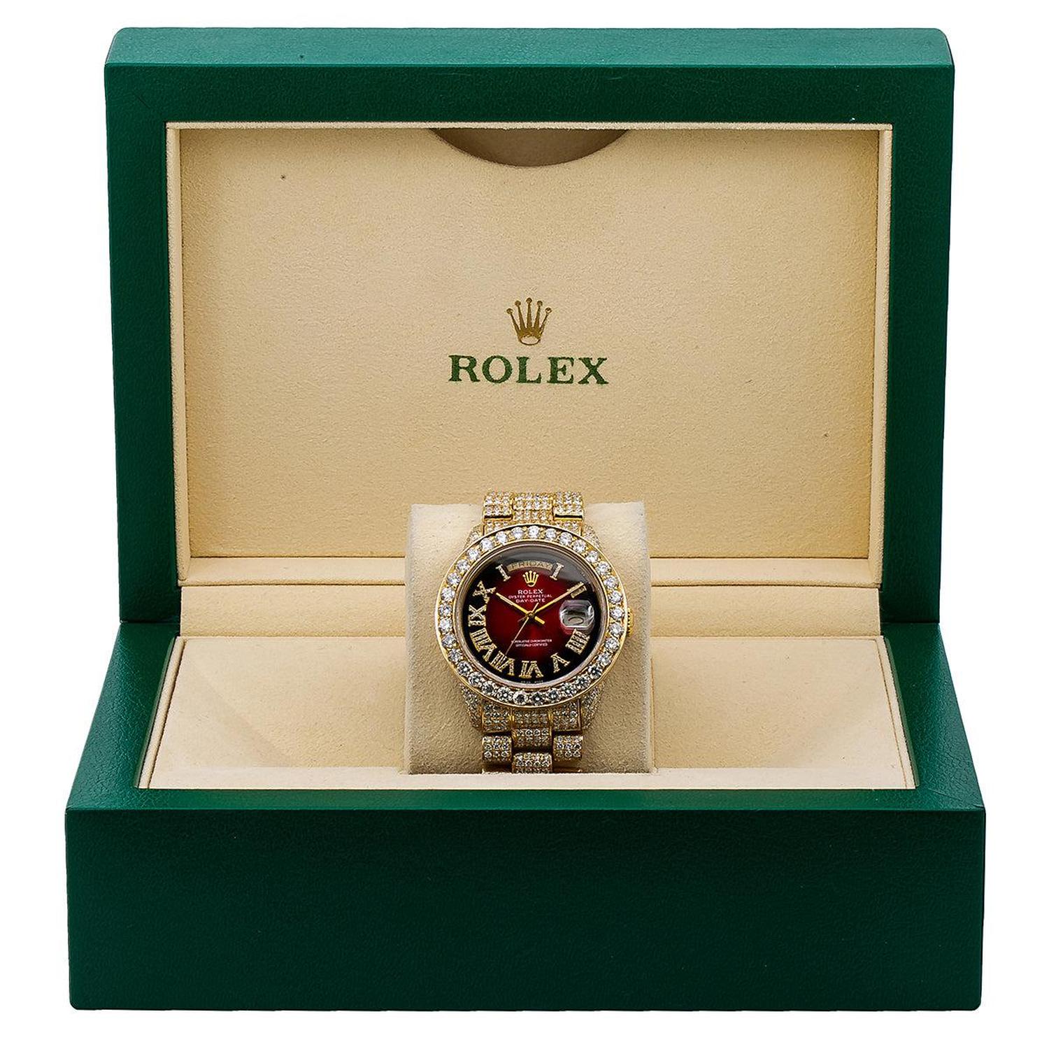 Rolex Day-Date 36MM 18038 Red Roman Diamond Dial Diamond Bezel 18K Yellow Gold Full Diamond President Bracelet 23.75ct