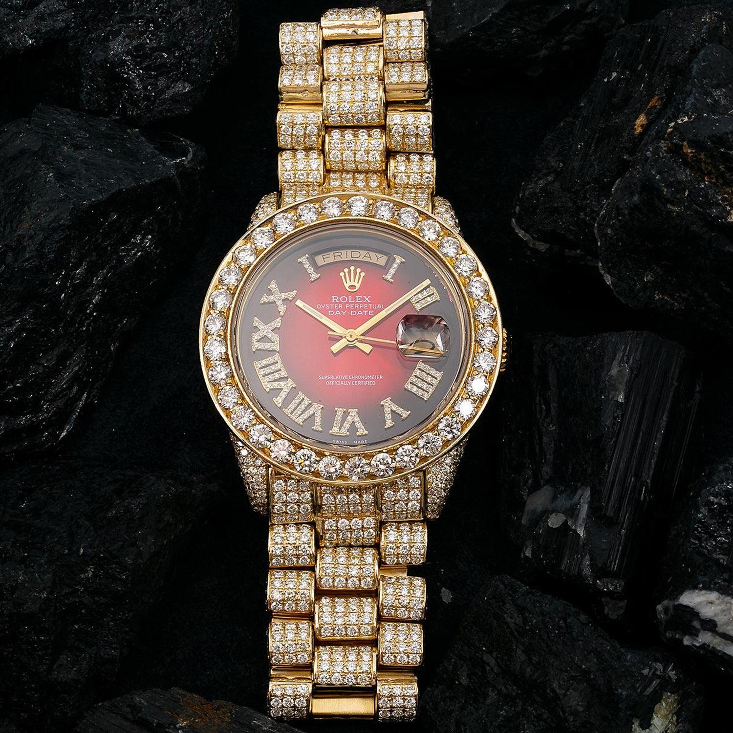 Rolex Day-Date 36MM 18038 Red Roman Diamond Dial Diamond Bezel 18K Yellow Gold Full Diamond President Bracelet 23.75ct