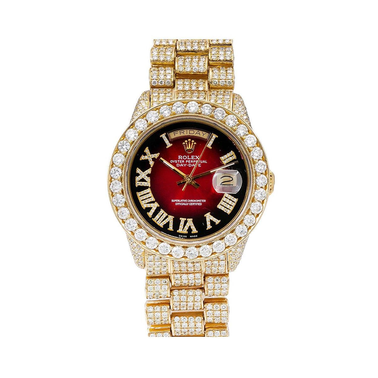 Rolex Day-Date 36MM 18038 Red Roman Dial Diamond Bezel 18K Yellow Gold Full Diamond President Bracelet 23.75ct